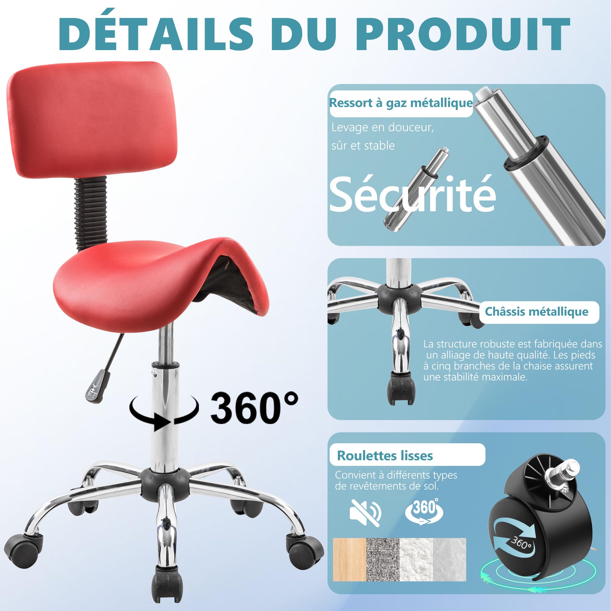 Mingone Tabouret de travail ergonomique pivotant à 360° - Hauteur réglable - Avec dossier à roulettes - Rouge