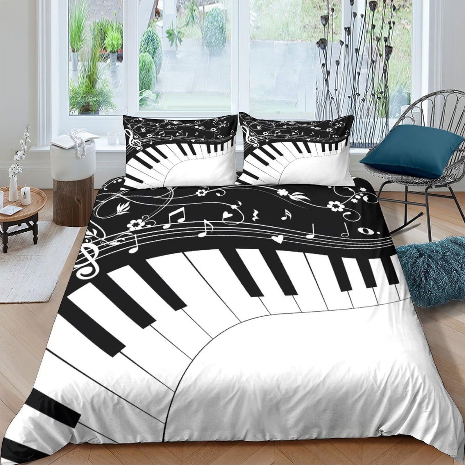 Ctjqhvkz Style-10 3D Printed Piano Keyboard Fitted Sheet Microfiber Soft Black White Musical Notes Bed Sheet For Bedroom Dorm Mattress Protection Single（135X200cm）