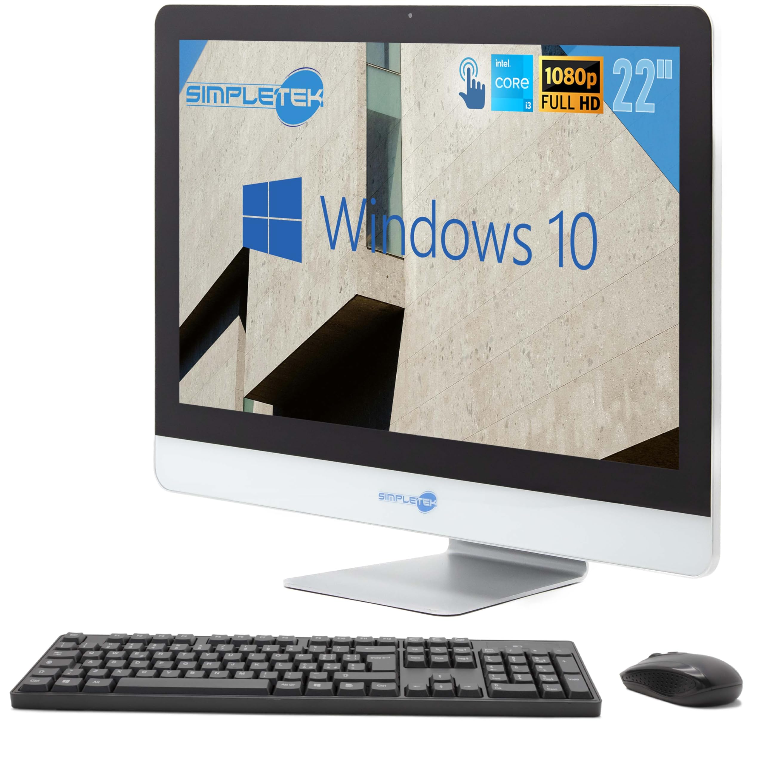 SIMPLETEK Ekran dotykowy All-in-One, 22" FHD Core i3 2,5 GHz Windows 10, 16 GB RAM SSD 240 GB + 2 TB, kamera internetowa z ekranem dotykowym głośniki wewnętrzne mysz bezprzewodowa klawiatura |