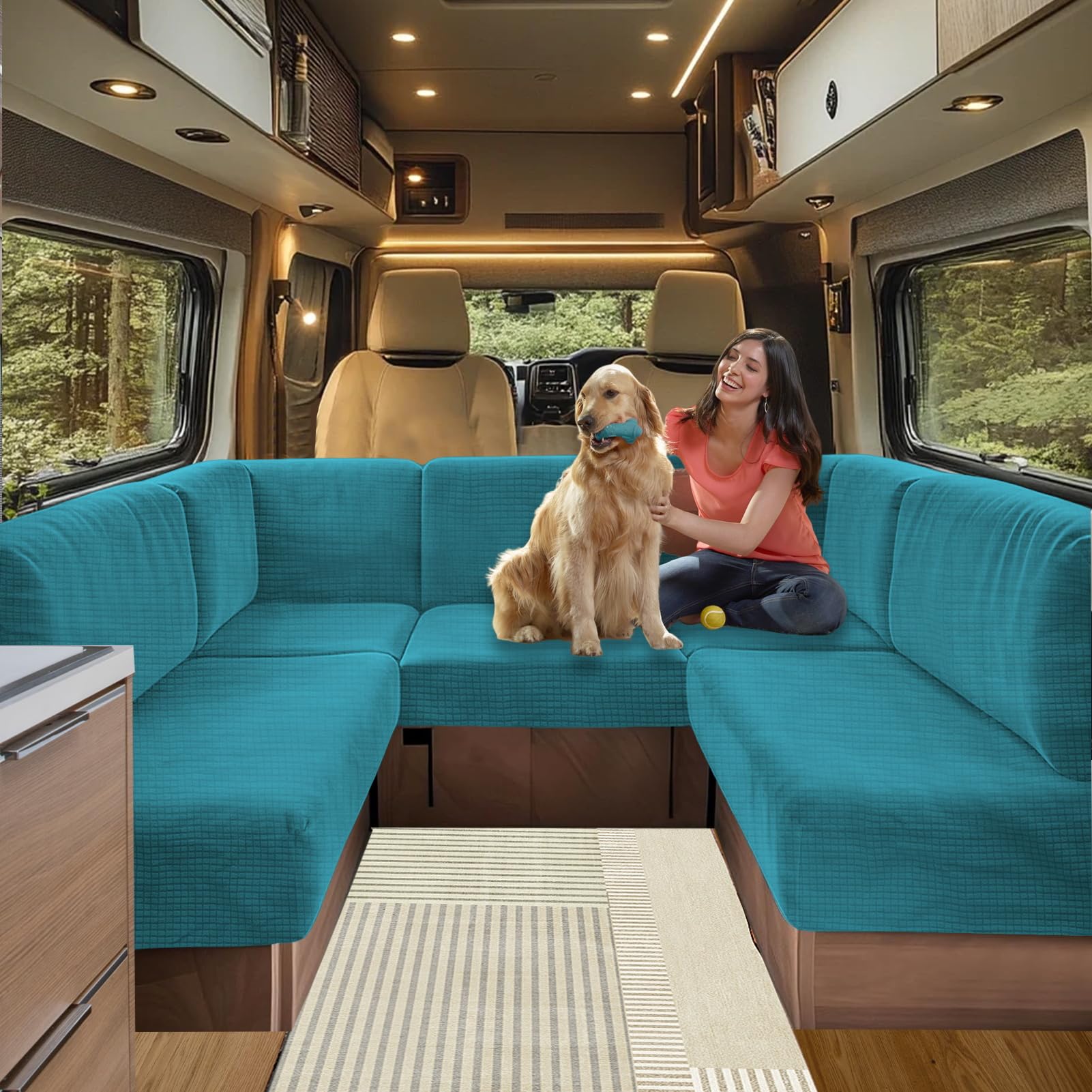 Caravan Seat Cover Stretch Jacquard, Non-slip RV Dinette Cushion Covers, for Caravan Camper Sofa Anti-Slip Kids and Pets-Friendly Washable (Blue-green,W 95-135cm, D 65-95cm)