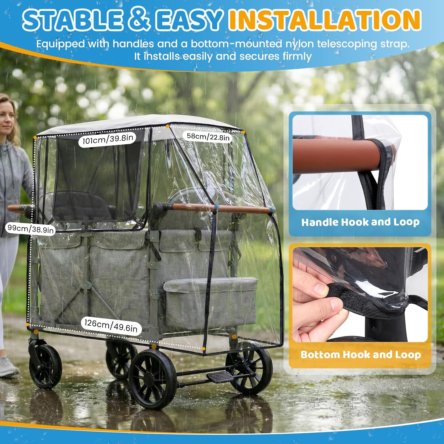 Clear Stroller Rain Cover for Trolley Cart, Rain Cover for Wagon Stroller with Mosquito Net, Big Size Suitable for The WonderFold W4 Original, Waterproof Picnic Camping Accessories (Cart Not Included)