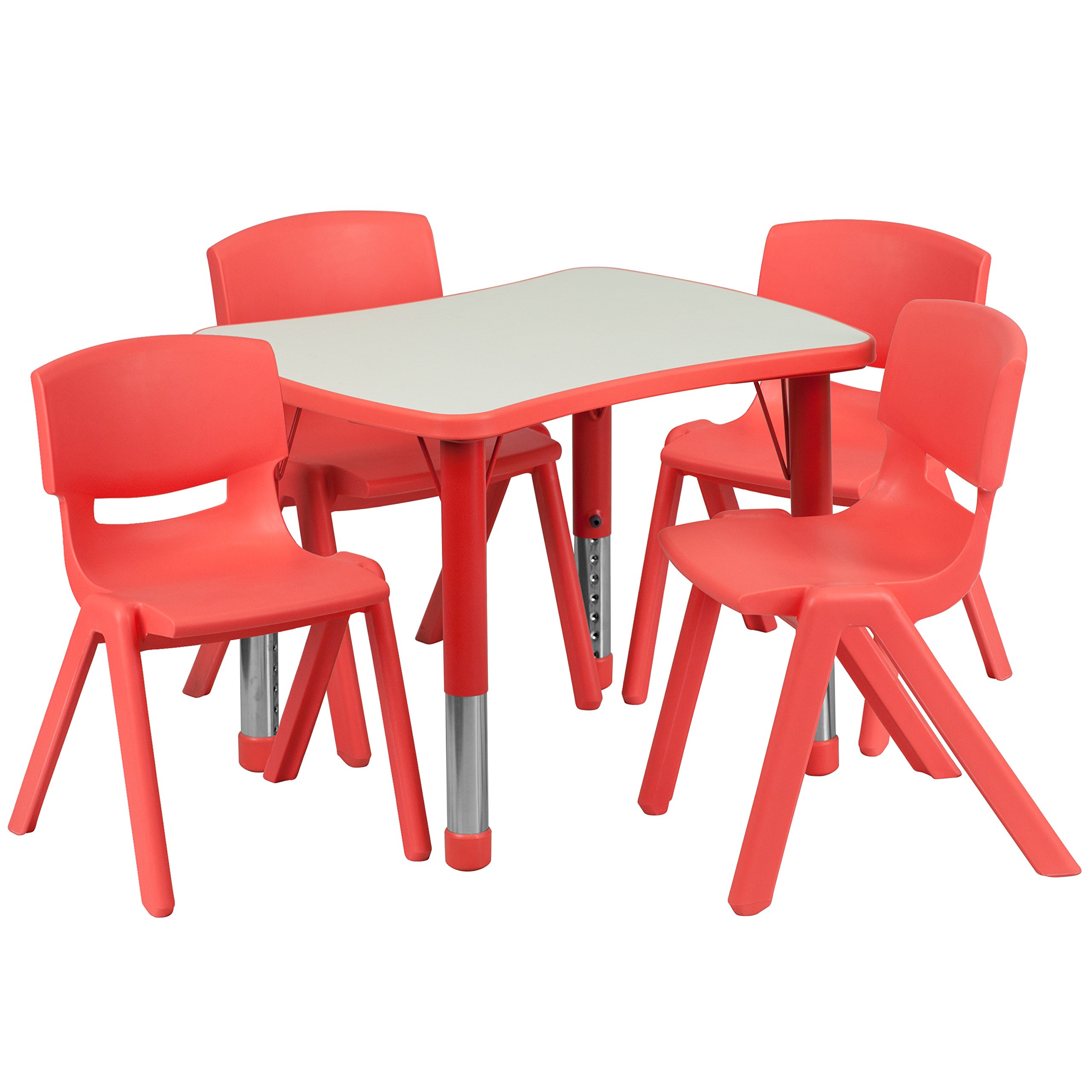 Set de actividades de plástico con mesa rectangular ajustable y 4 sillas apilables para la escuela, Acero, Rojo