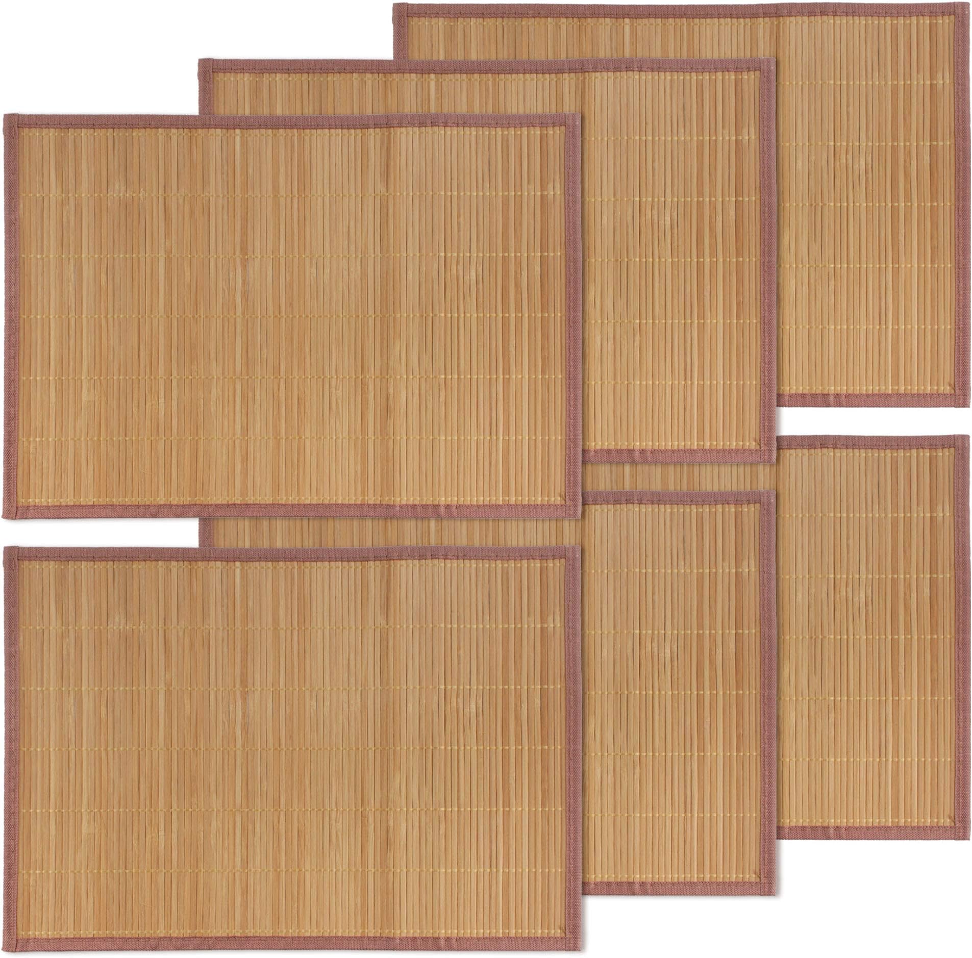 BambooMN Bamboo Slats Placemat with Fabric Border - Solid Colour Print - 18" x 13" - Brown, 6 pcs