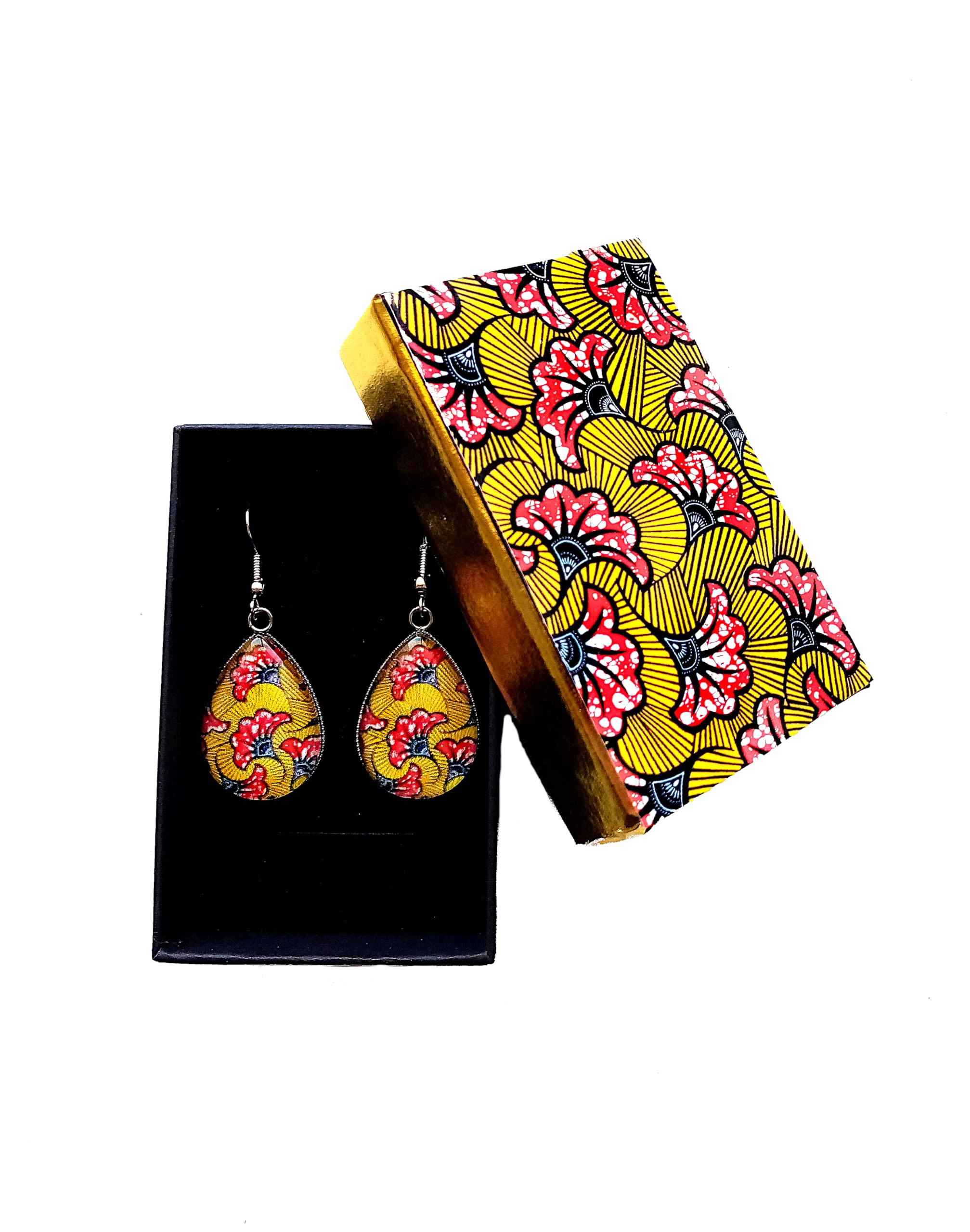 Boucles d'oreilles pendantes + coffret assorti * fleurs wax * africain, ethnique, coloré, jaune, orangé, boucles gouttes, femme, idée cadeau, Noël, anniversaire.