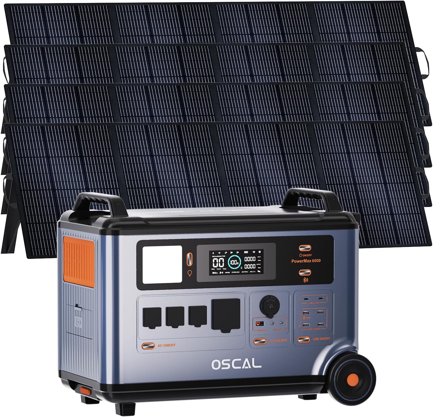 OSCAL 6000W Solar Generator(2025 New),120V/240V Split Phase Voltage Portable Power Station PowerMax 6000 with 4×200W Panel, 4 * 6000w AC Output (9000W Surge),2400W MPPT Solar for Emergency 001