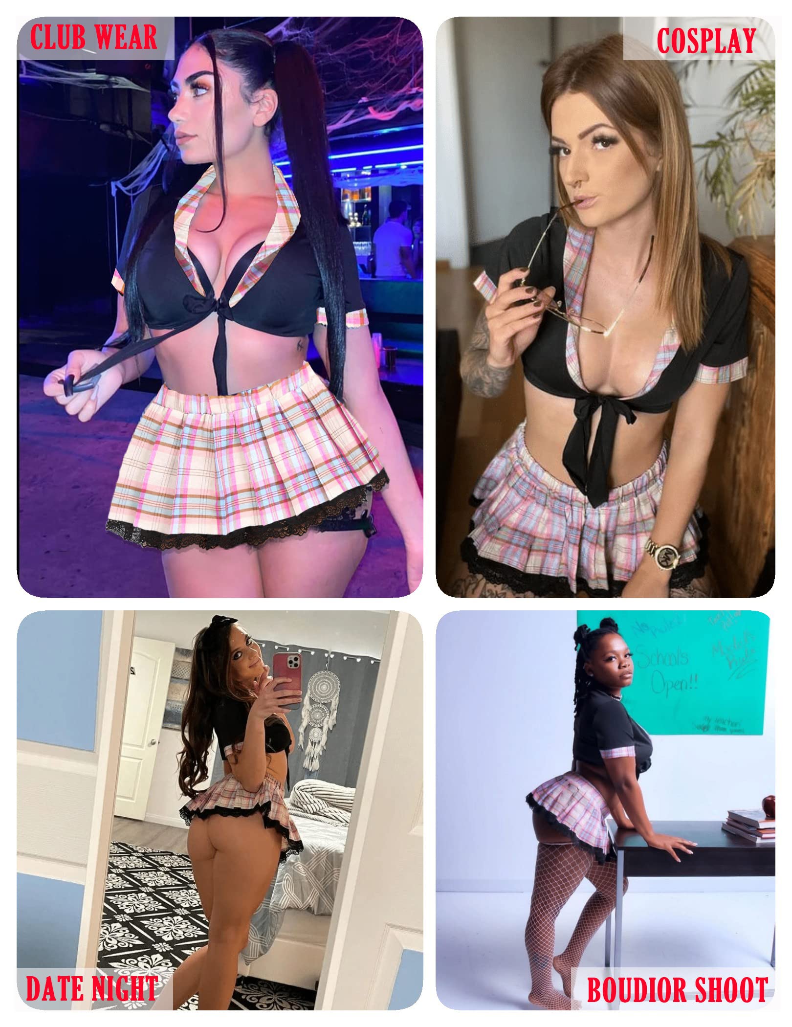 ADOME Lingerie for Women Sexy Schoolgirl Costume 0utfit Lingerie Set Lace Student Cosplay Roleplay with Top and Mini Skirt