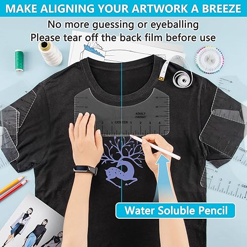 Miniatura 5 de OURJOY - Guía de regla de camisetas para alineación de vinilo, herramienta de alineación de 13 piezas para centrar diseños, suministros de costura