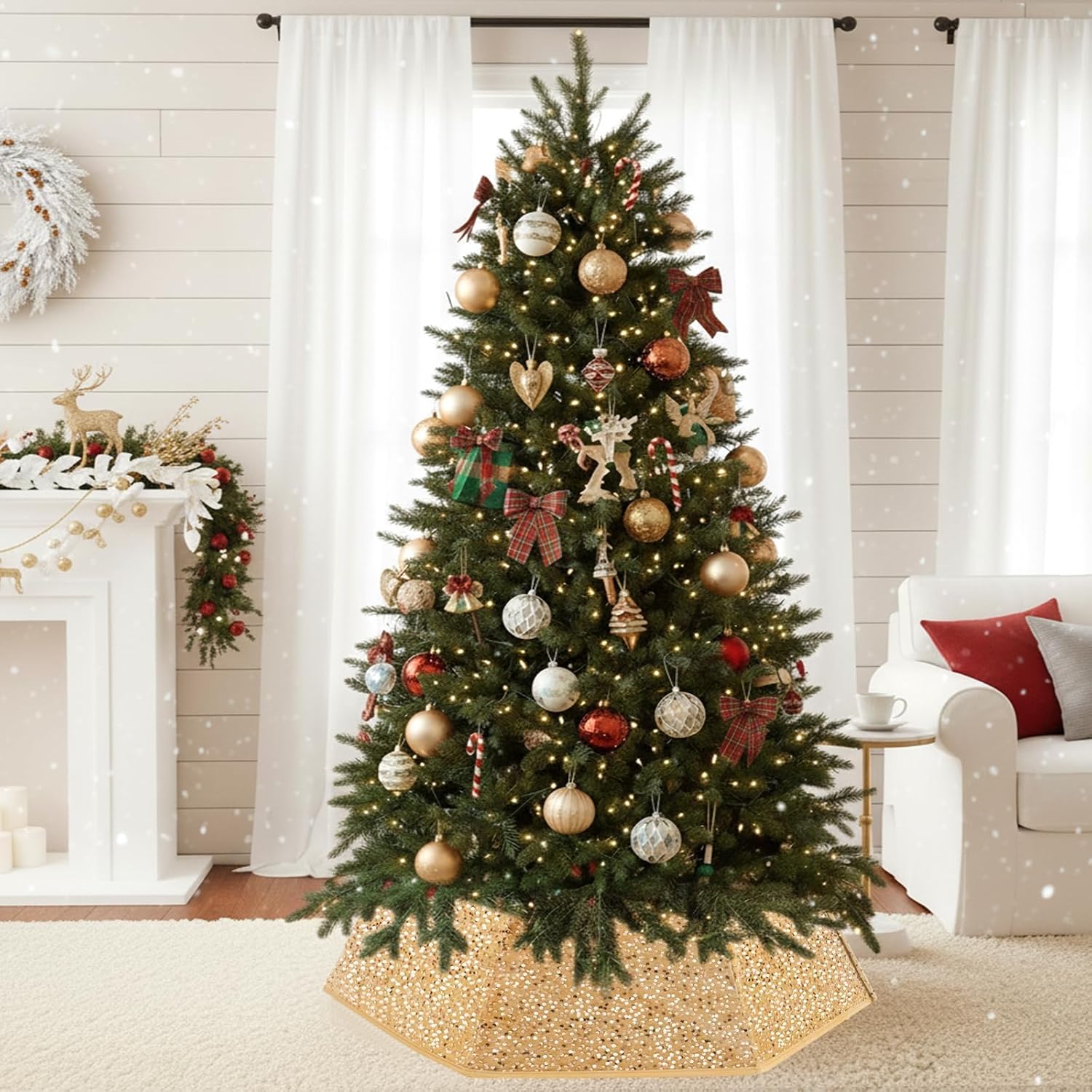 Christmas Tree Collar with Sparkling Sequin Tree Skirt for Holiday Home Decor Xmas Tree Ring(Champagne, X-Large)
