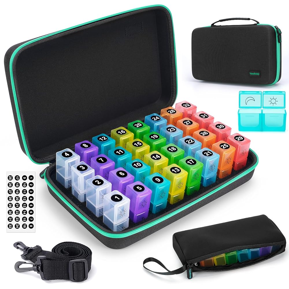 Monthly Pill Organizer 2 Times a Day,Month Pill Box Organizer with 32 Daily Compartments,30 Days Pill Holder with Hard Travel Case Pill Case Vitamins Case+Portable 7-Day Travel Medicine Organizing Bag
