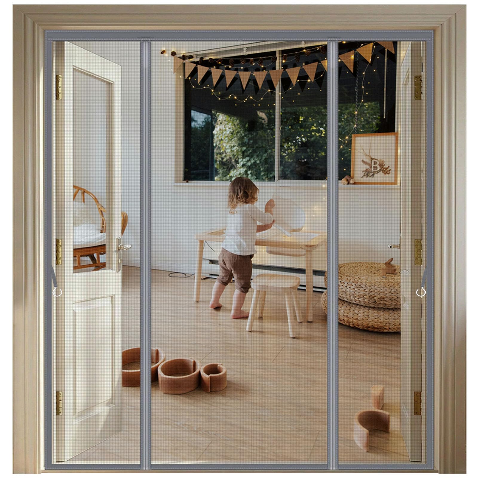 Double-Opening Magnetic Fly Screen Door, Heavy Duty Self-Sealing Mesh Net with Magnets for Patio French Door – No Drill Hands Free Bug Curtain Keeps Flies Out, Grey 165x260CM