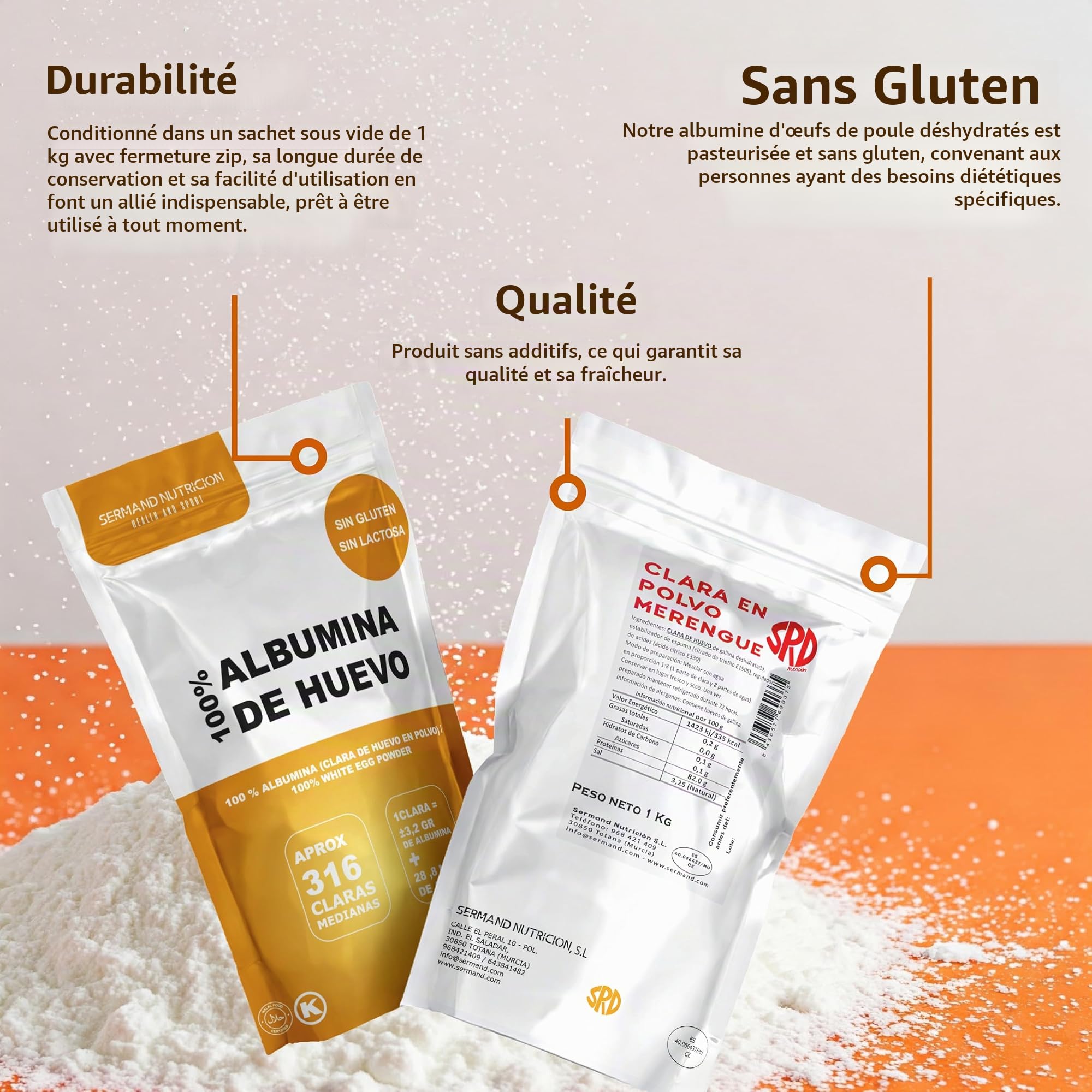 Blanc d'Œuf en Poudre pour Meringue (1Kg) | Œufs Pasteurisés | Œufs Déshydratés | Produits Sans Lactose | Sans Gluten | Présentation en Sachet Zip