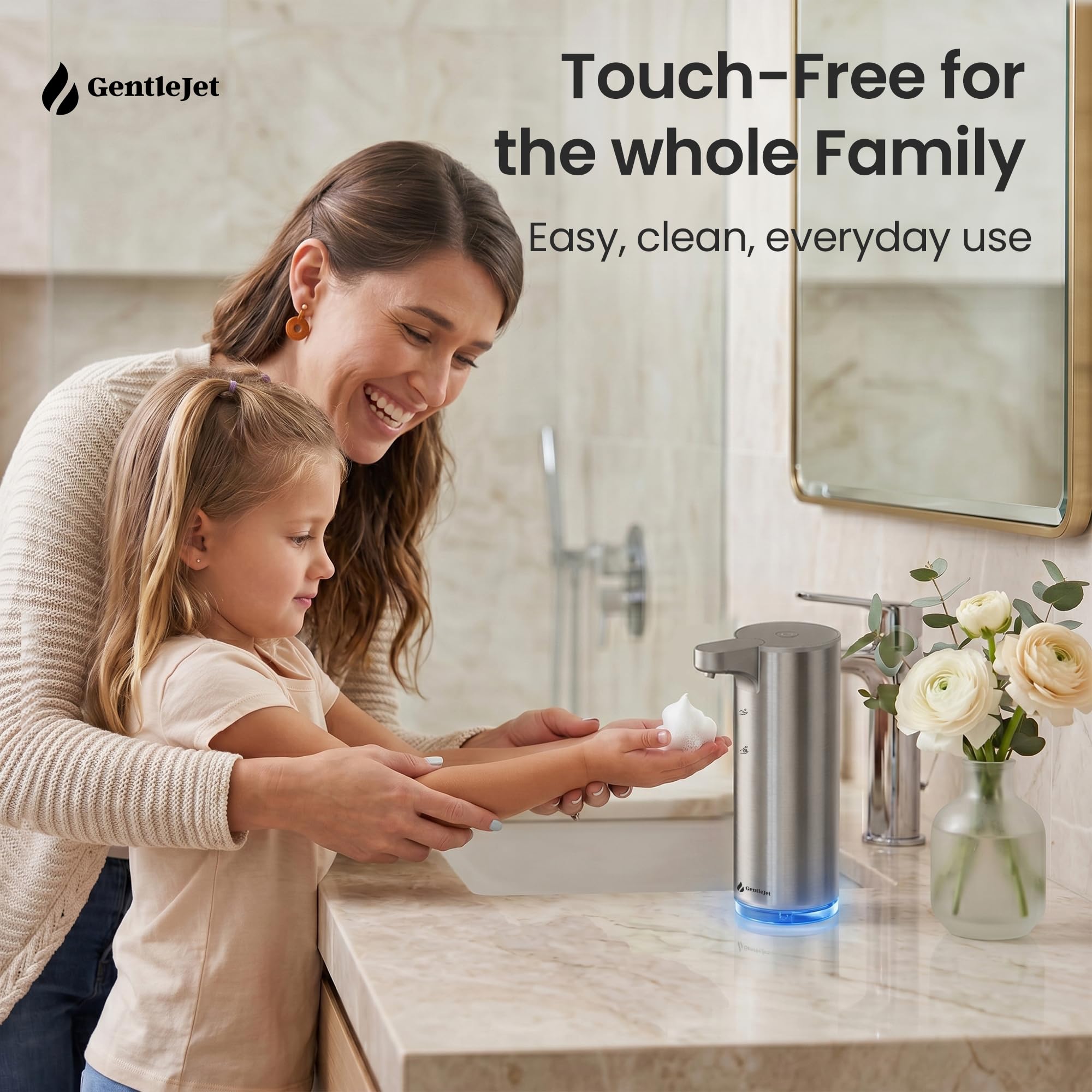 GentleJet EasyFoam Automatischer Schäumender Seifenspender, Berührungslose USB-C Wiederaufladbare Sensorpumpe, 304 Edelstahl, Verstellbarer Schaum, IPX5 Wasserabweisend für Bad & Küche, 295.7 ml