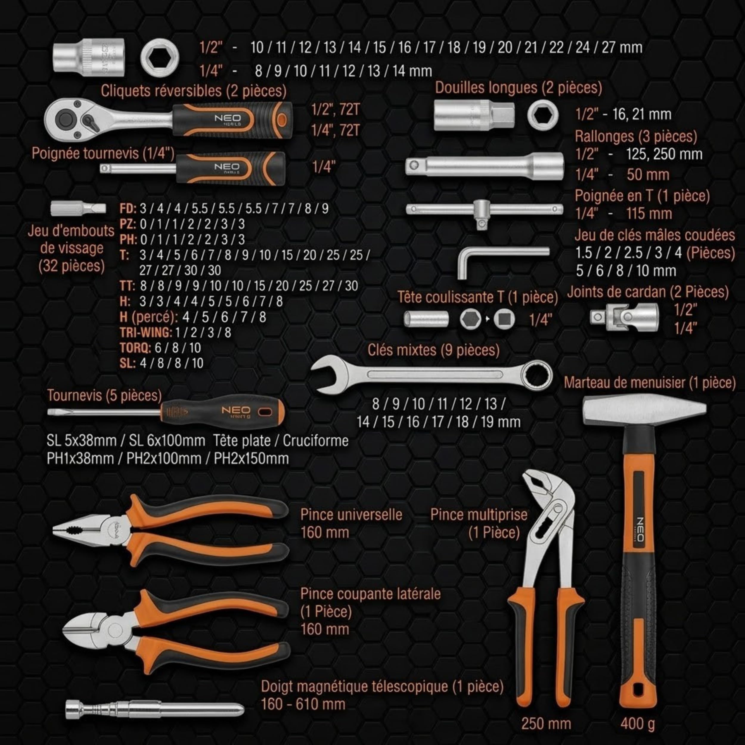 NEO TOOLS Lot de 143 outils en acier CRV pour travaux mécaniques, électriques, sanitaires et ménagers, mallette solide avec pinces métalliques