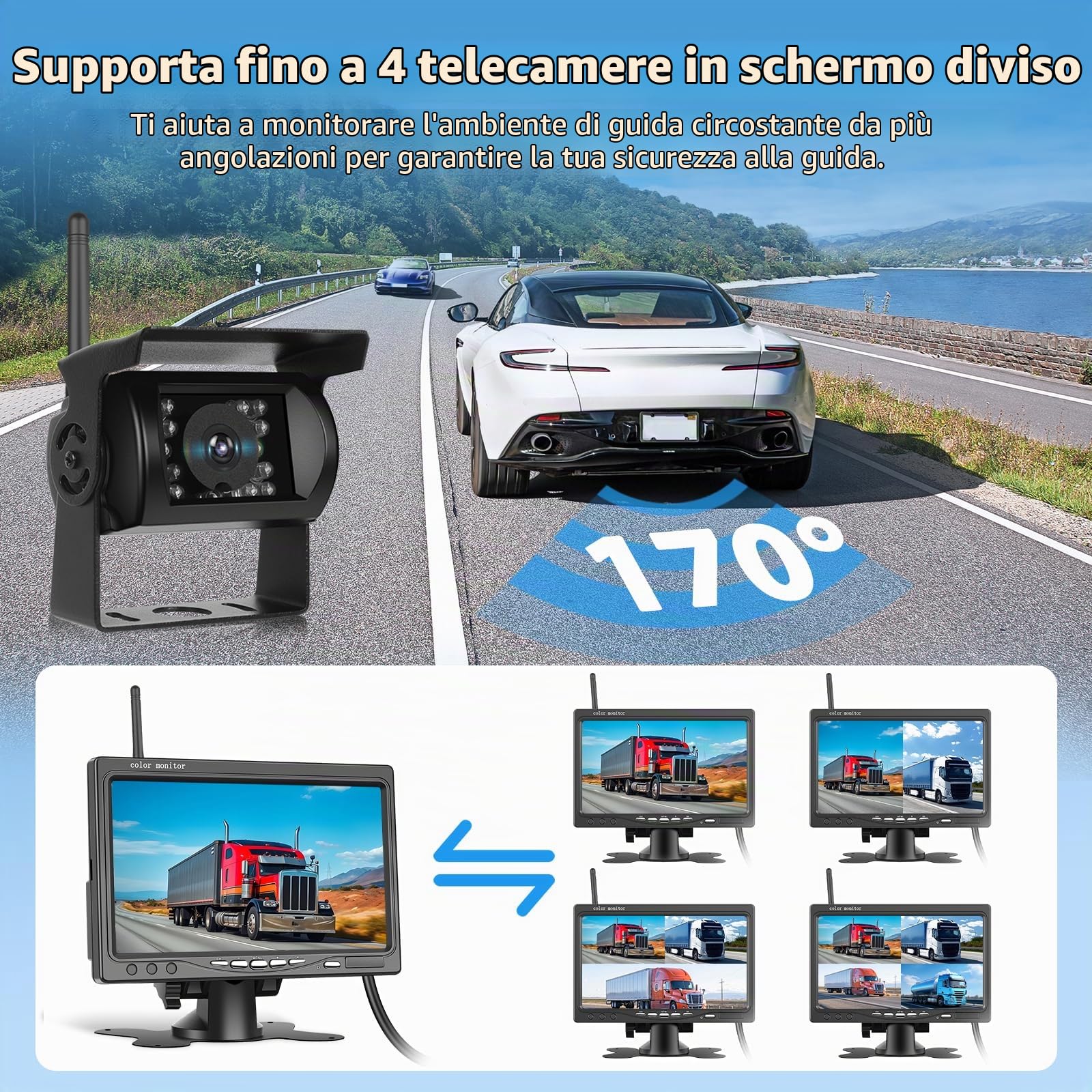 Telecamera per la Retromarcia Wireless Motorsi da 7'' con Schermo HD 1080P, Visione Notturna e Telecamera di Retromarcia Impermeabile IP68, Sistema di Retromarcia per Auto/SUV/Furgoni/Pickup/Camion