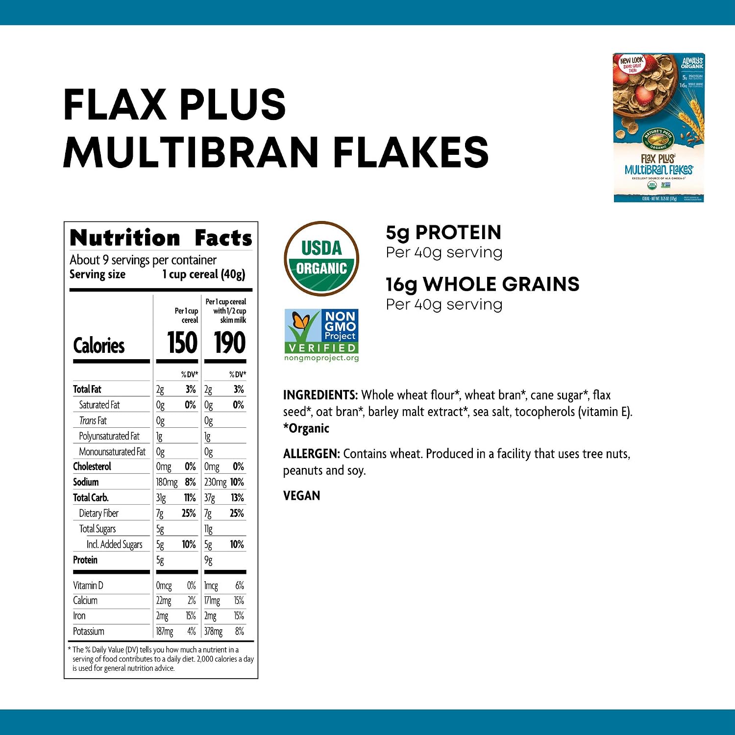 Nature's Path Organic Flax Plus Multibran Flakes Cereal, 13.25 oz, Non-GMO (Pack of 4) image 2