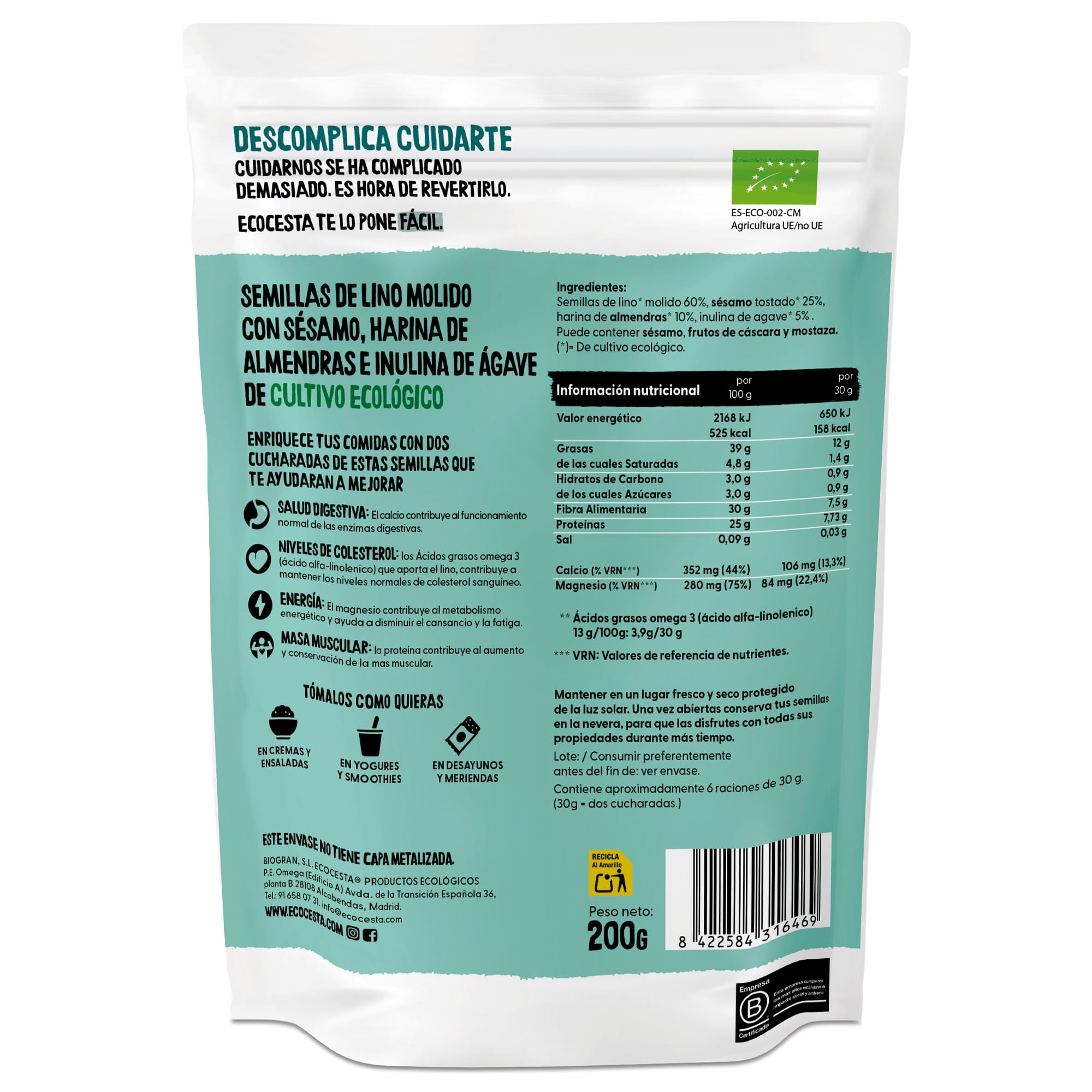 Ecocesta - Semillas Digestion Bio - 200 g - Ricas en Fibra y Nutrientes - Fuente Natural para una Digestión Saludable - Aptas para Veganos