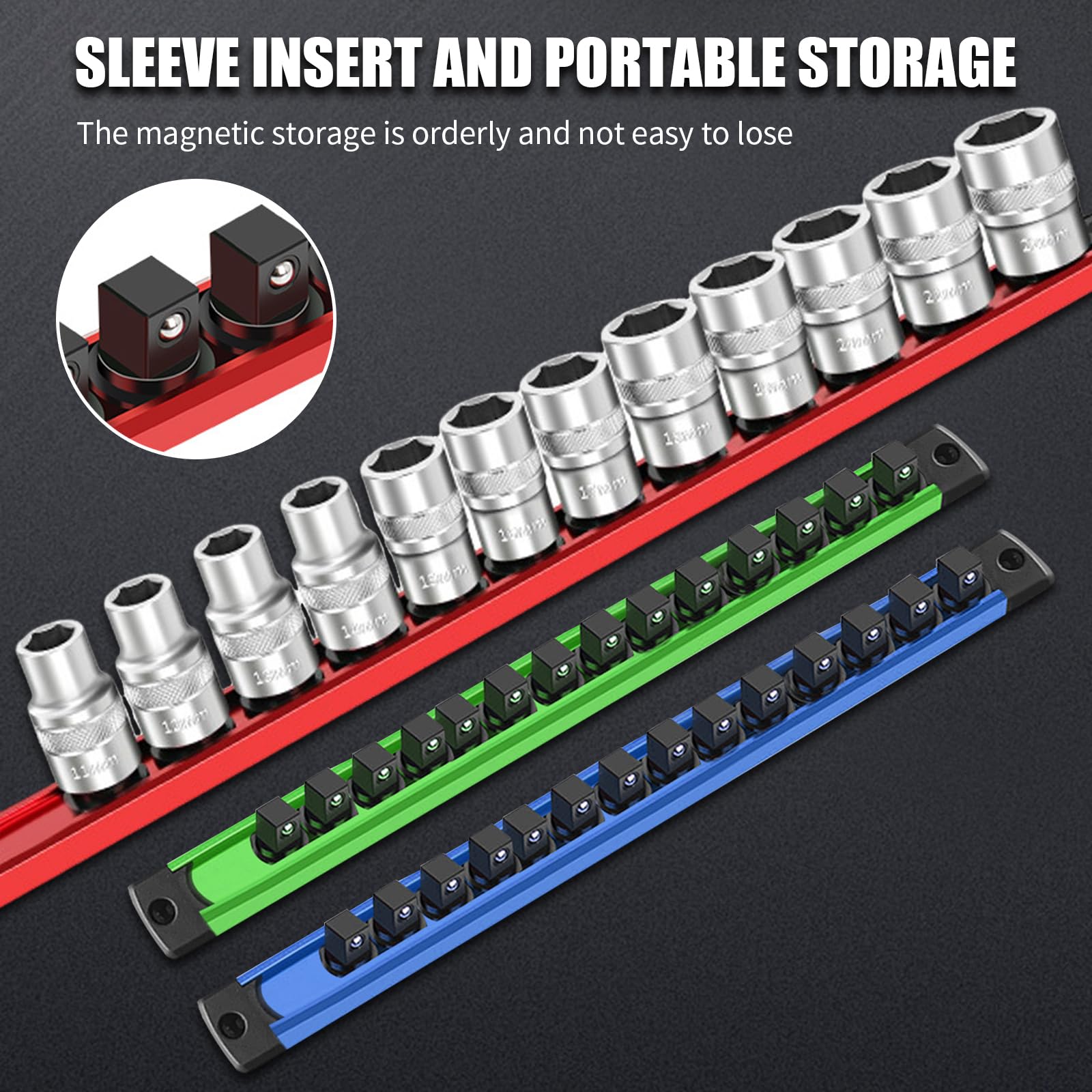 Magnetic Organizer Set: 6-Piece Detachable 1/4, 3/8, 1/2 Socket Trays Holders, Space-Saving Heavy-Duty Rail for Garage Workshop - Image 2