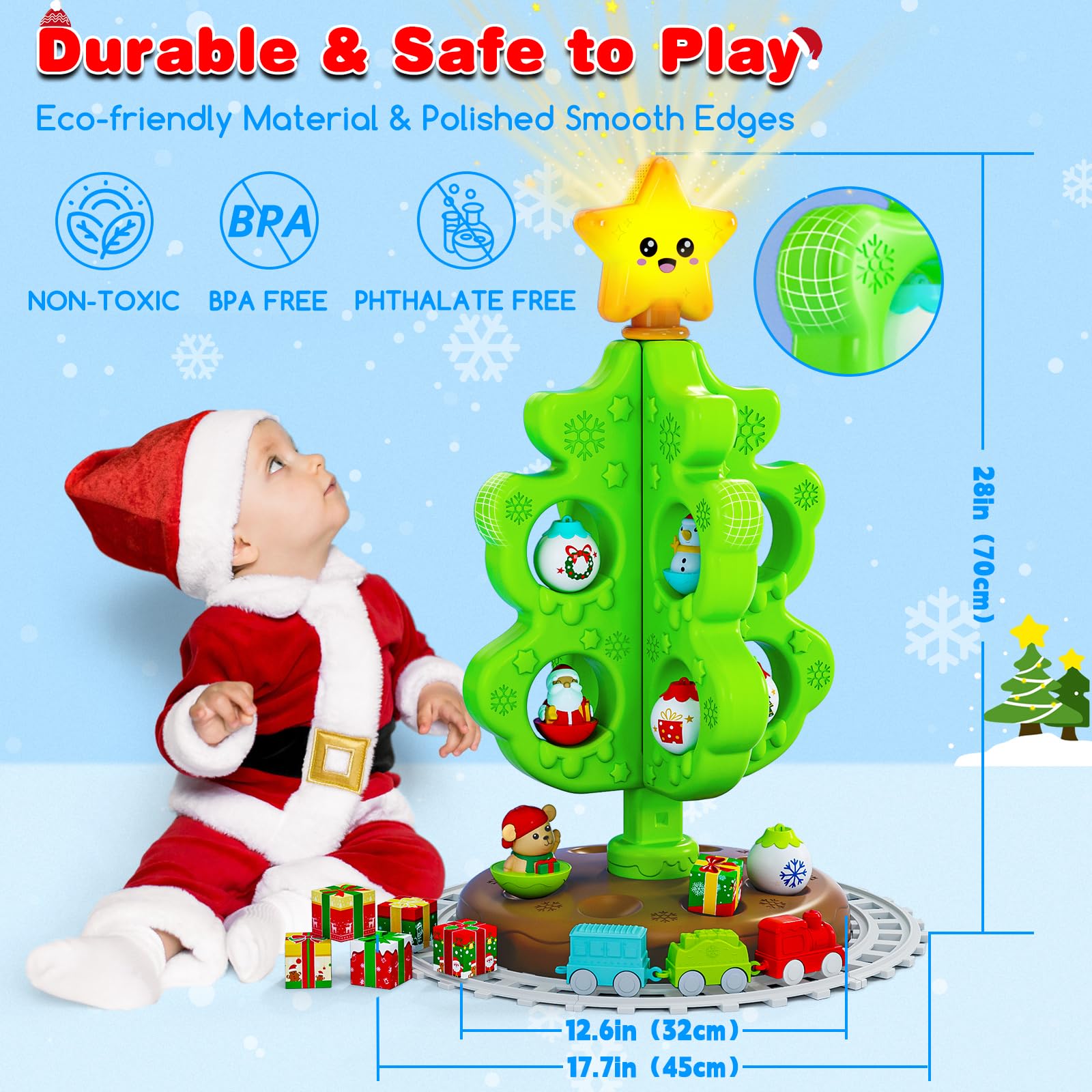 Mio Primo Albero di Natale per Bambini, Giocattolo Montessoriano Musicale con Luci e Decorazioni, Set di Trenini in Miniatura, Giocattoli a Rulli, Burattini da Dito, Regali Natale per Bambini Bambina