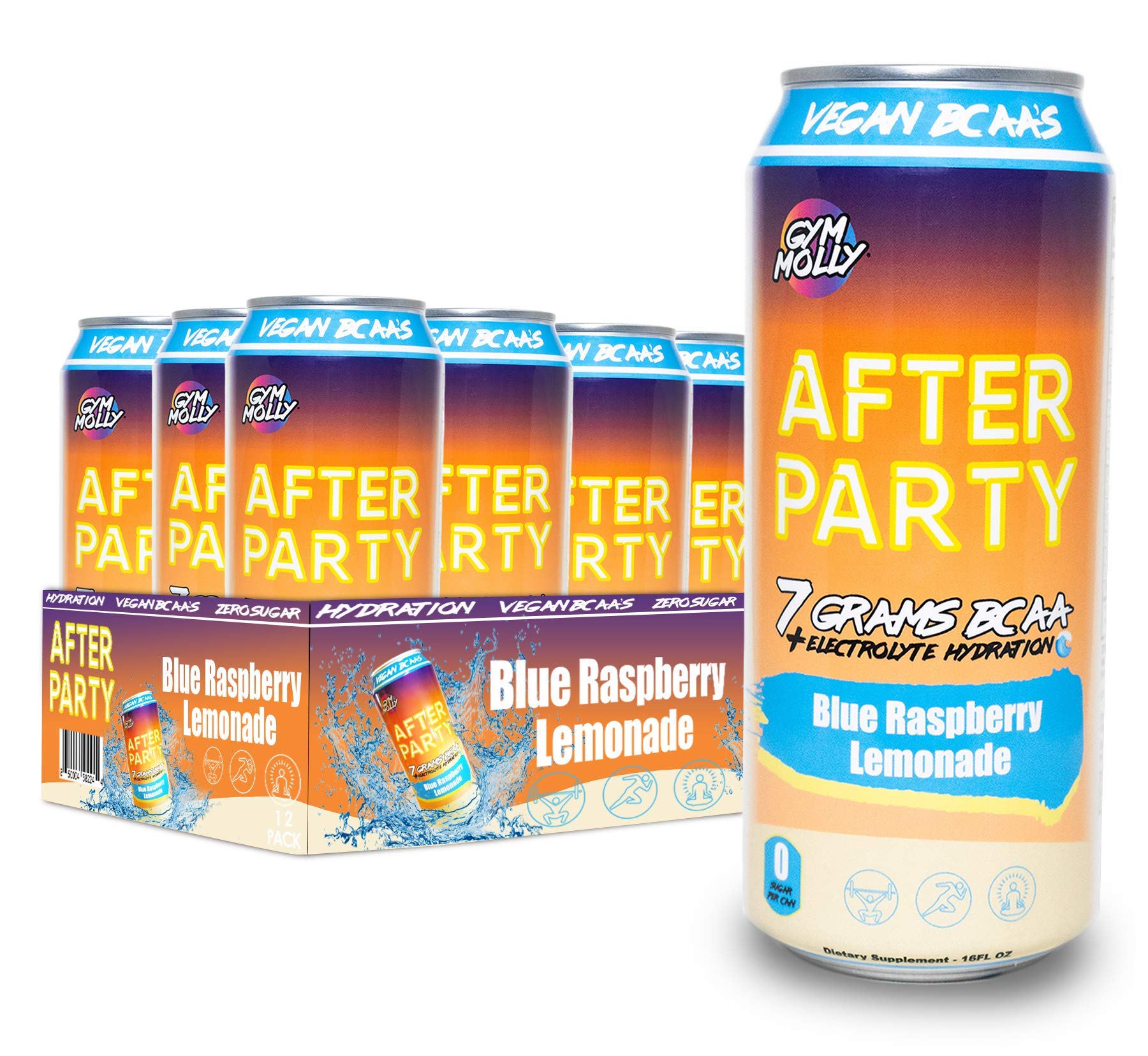 Gym Molly Blue Raspberry Lemonade After Party Hydration Drink Cans- 7g BCAA Fitness Drink | Zero Sugar | Certified Vegan | B Vitamins | 16 fl oz (Pack of 12)