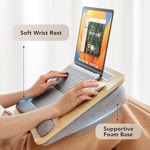 Vista 10 de HUANUO Escritorio portátil para laptop con cojín de almohada, se adapta a portátiles de hasta 15.6 pulgadas, con tira antideslizante y función