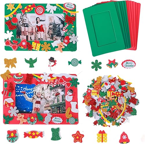 TINYFUTURE Juego de 16 marcos de fotos de Navidad con 500 calcomanías e imán autoadhesivo, adorno de Navidad para niños y niñas, recuerdos de fiesta