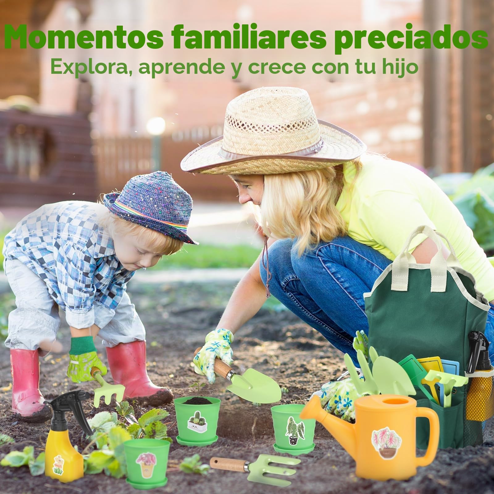 Juego de Jardín para Niños 2 Años con Herramientas Jardinería Kit, Regadera, Pala, Rastrillo, Guantes, Delantal, Pegatinas DIY