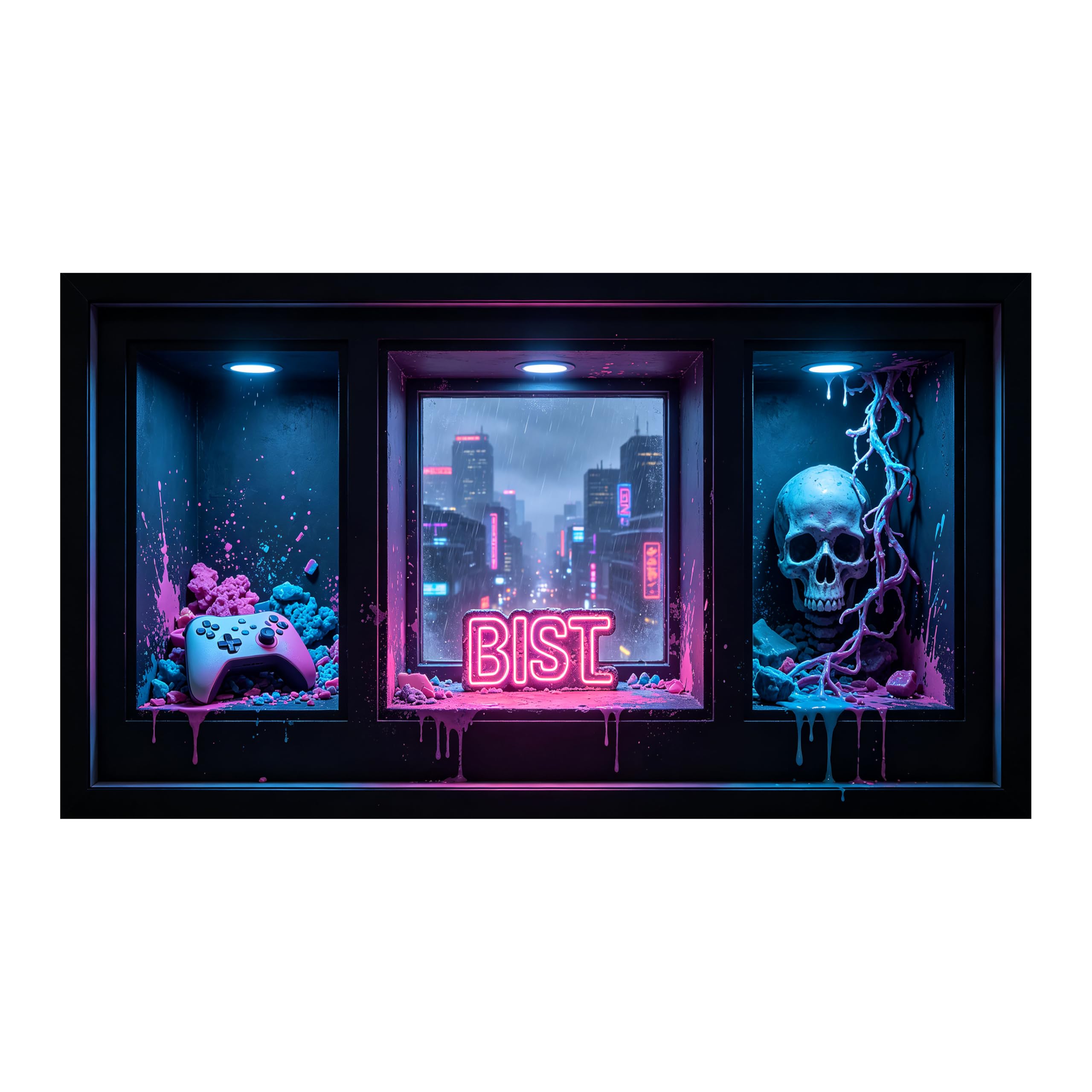 Yzpallescene Art260711060 3D Framed Wall Art Neon City Skull Gaming Surrealism 3D Effect Large Size Selfadhesive Removable Wall Decor Prints Artwork For Living Room Bedroom Office