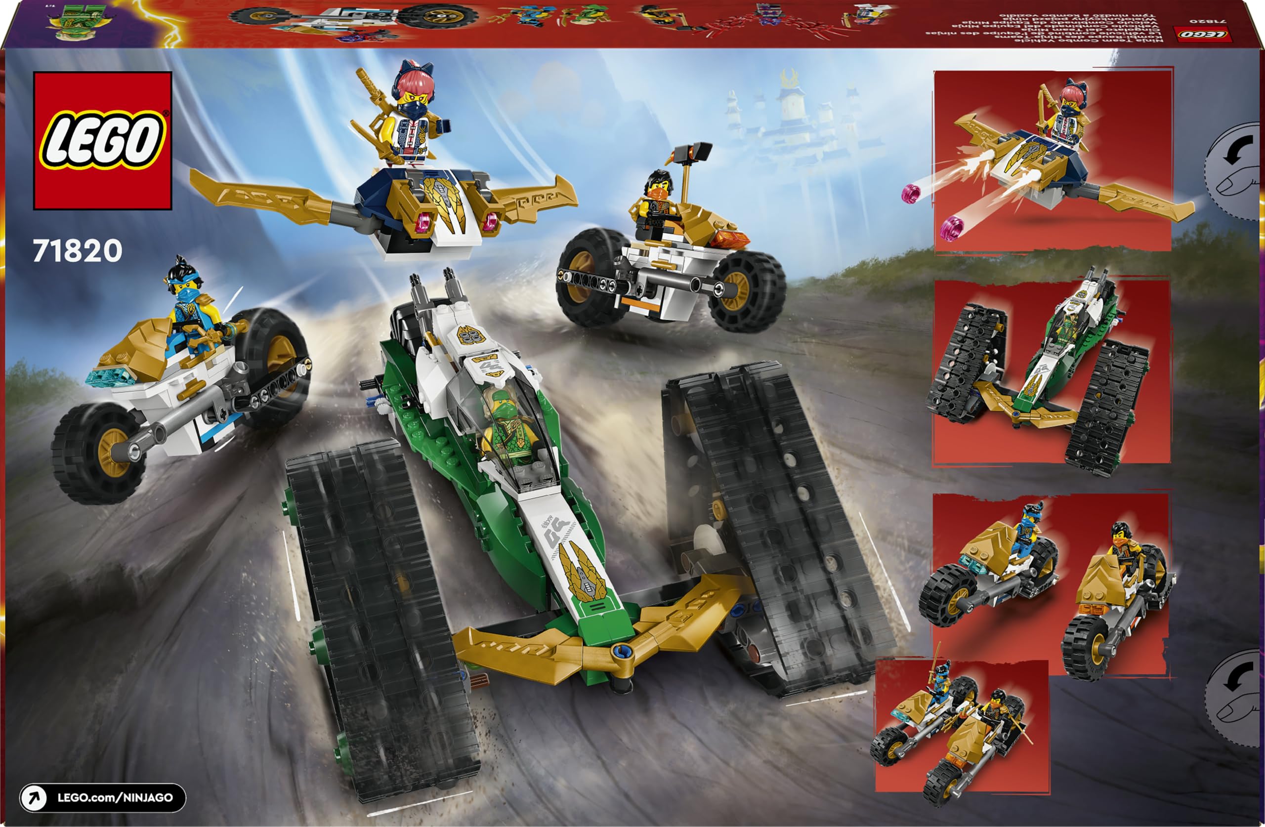 LEGO NINJAGO Cingolato del Team Ninja, Veicolo Giocattolo 4 in 1 con 2 Moto, Aliante e Macchina Fuoristrada da Costruire, Giochi d'Avventura per Bambini e Bambine da 9 Anni con 6 Minifigure 71820