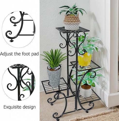 Miniatura 6 de Soporte de metal para plantas de 4 niveles, estante decorativo de flores para interiores, 29.33 x 19.68 x 9.84 pulgadas, negro