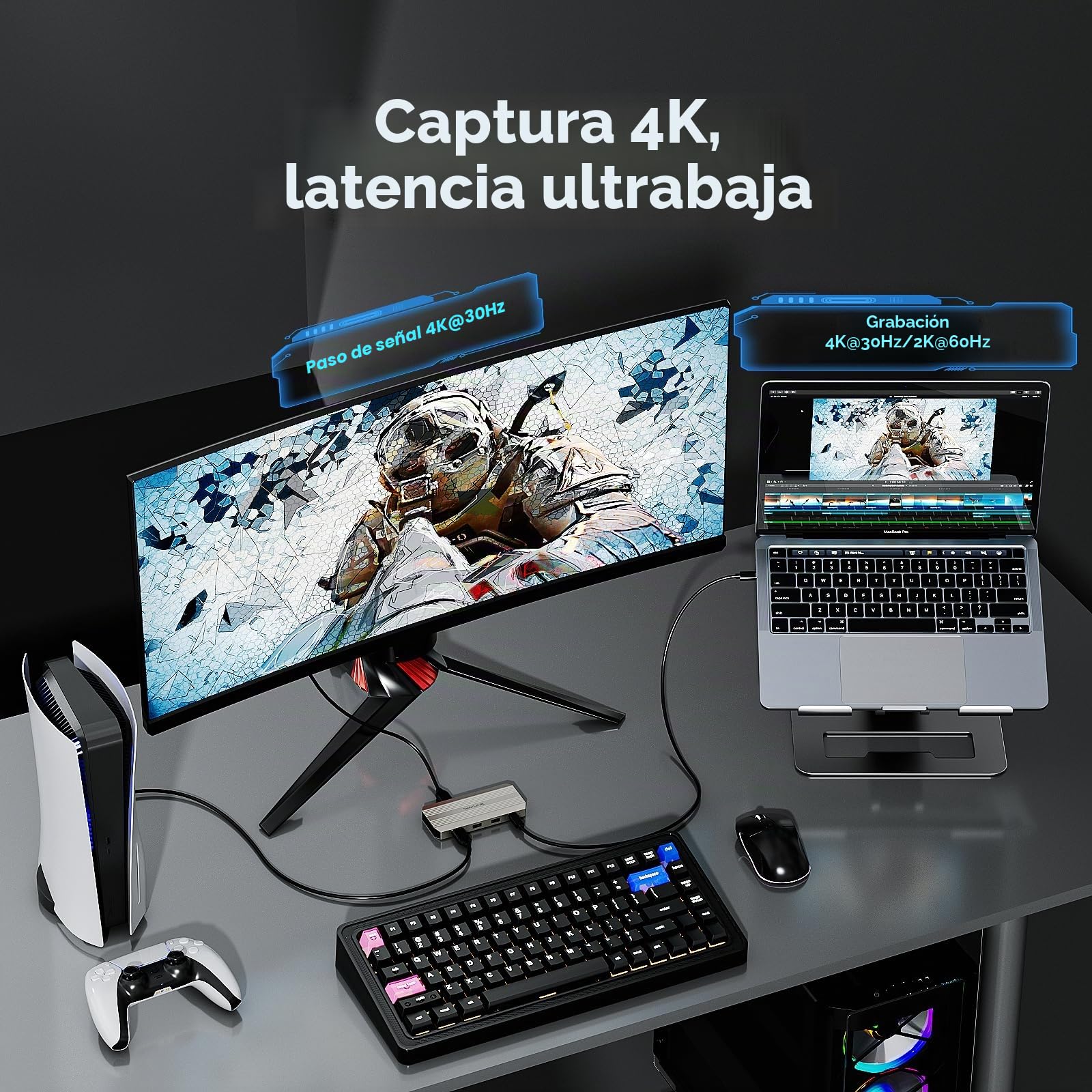 WAVLINK Tarjeta capturadora vídeo,Captura y Bucle 4K@30Hz,Pantalla 4K@144Hz | PD de 100W, tarjeta capturadora HDMI para streaming, compatible con PS5/Xbox/Switch, OBS, Windows y Mac