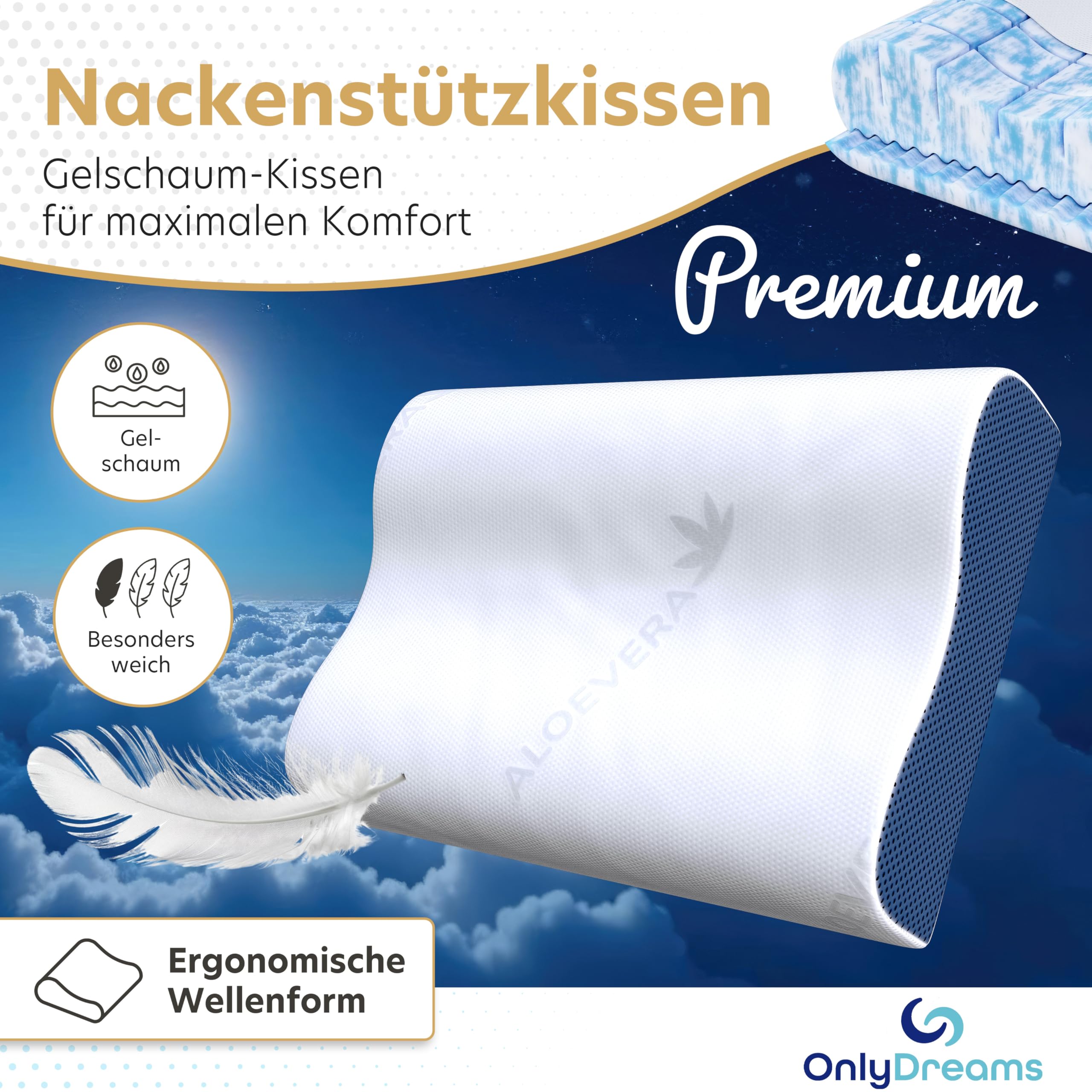 OnlyDreams - Ergonomisches Gelschaum Nackenstützkissen | Höhenverstellbar + Härte wählbar | Aloe Vera Bezug | Kopfkissen für Rücken-, Bauch- und Seitenschläfer - Oeko-TEX (Premium - Gelschaum)