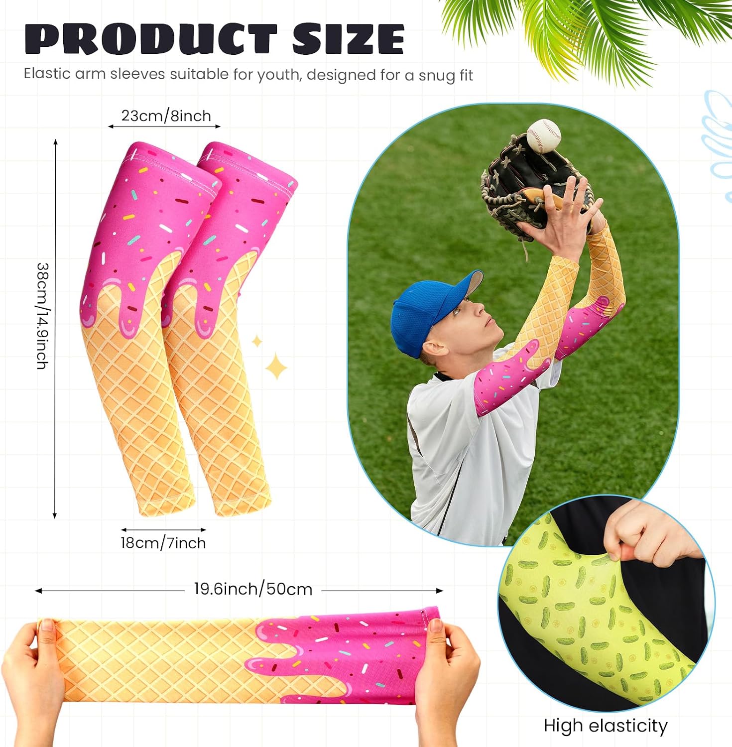 6 Pair Baseball Arm Sleeve for Youth Sun Protection Breathable Cooling Sleeve Ice Cream Drip Palm Tree, 14-18 Years