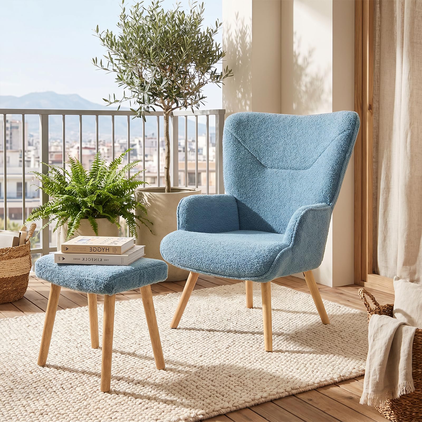 Ohrensessel Sessel Wohnzimmer mit Hocker, Skandinavischer Stil Relaxsessel Polstersessel mit Hoher Rückenlehne Loungesessel aus Teddy-Stoff, Taubenblau