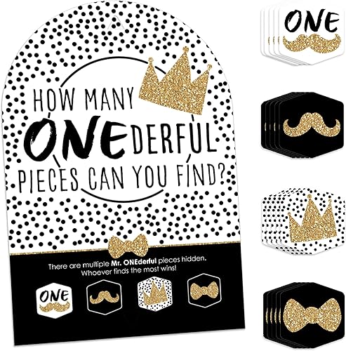 Big Dot of Happiness 1er cumpleaños Little Mr Onederful - Primer cumpleaños de niño - 1 soporte y 48 piezas de juego - Juego de ocultar y encontrar