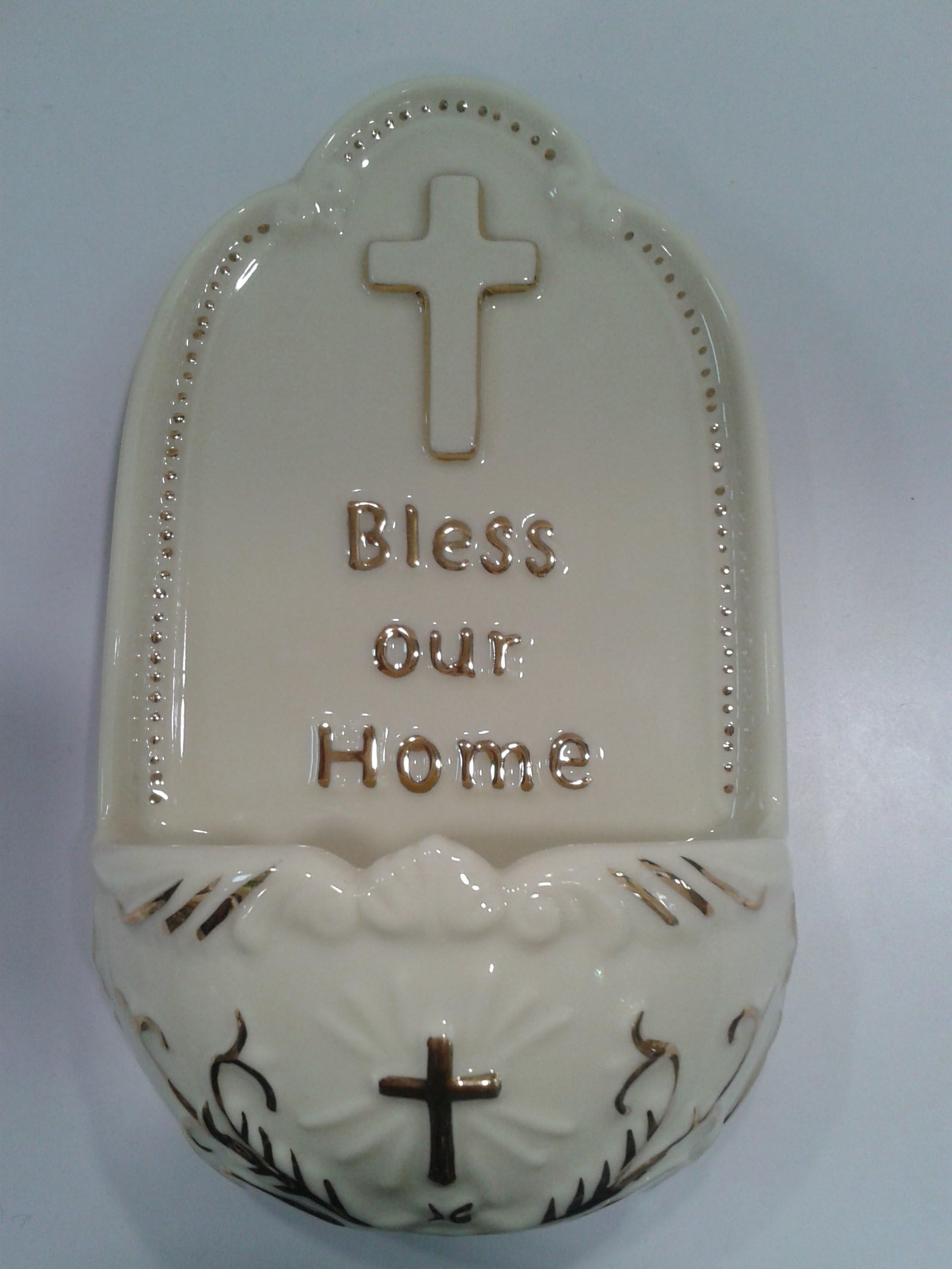 HOLY WATER FONT PORCELAIN BLESS OUR HOME 5 1/2"