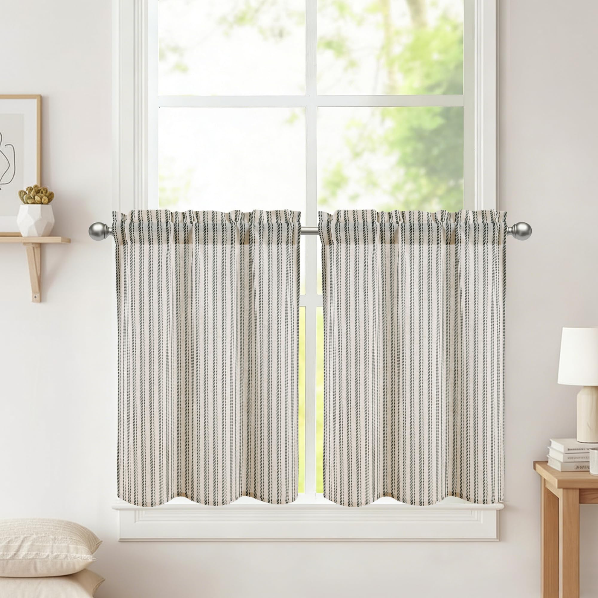 DWCN Linen Short Kitchen Curtains 24 Inch Drop, Privacy Protection Basement Window Curtains, Cafe Curtain Valance for Sink, Rod Pocket Light Filtering Small Drapes, W26 x L24, Grey Stripes, 2 Panels — image 1
