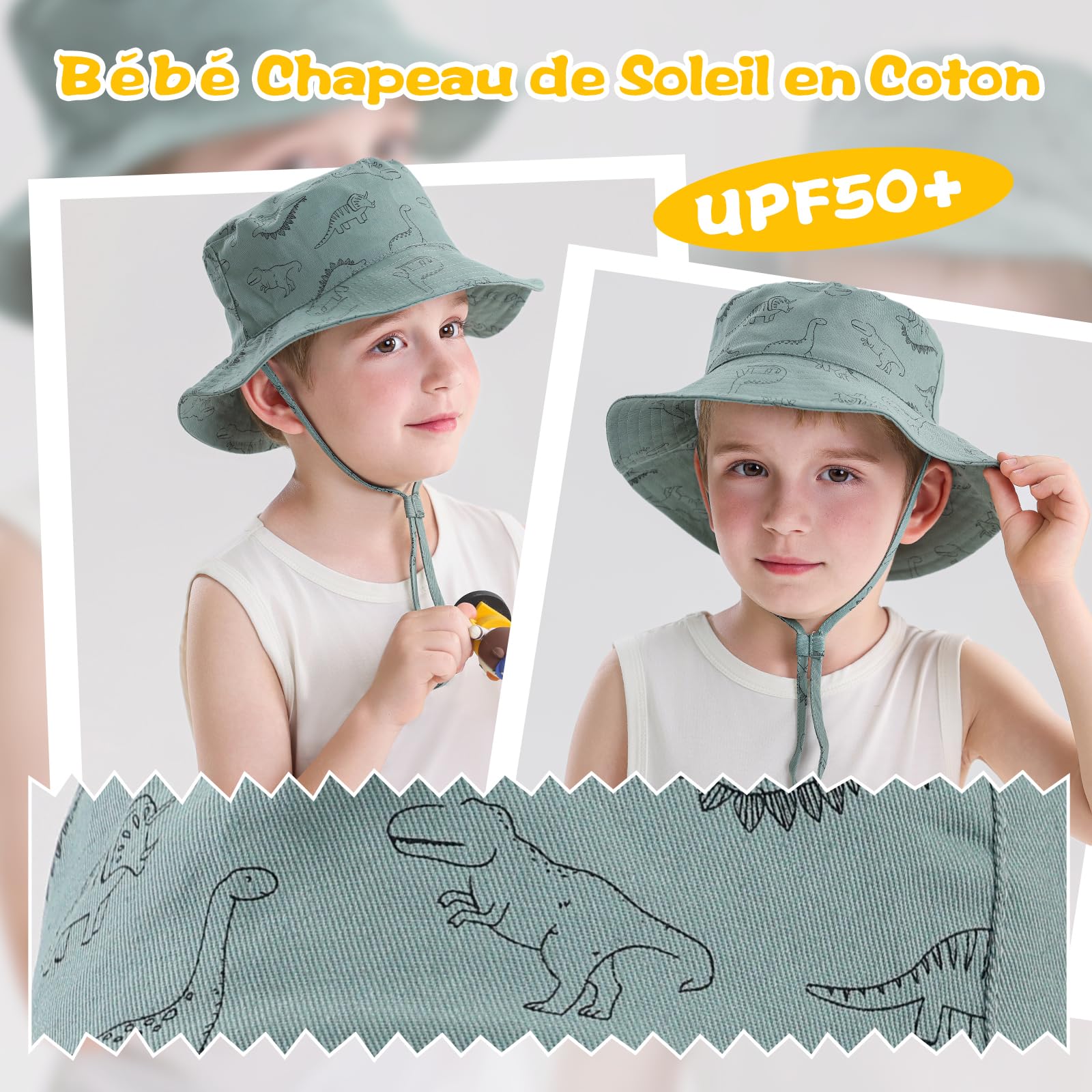 Chapeau de Soleil Bébé Garçon et Fille - Chapeau de Seau à Bord Réglable en Coton avec Protection UV - Chapeau d'été pour Enfants - 4
