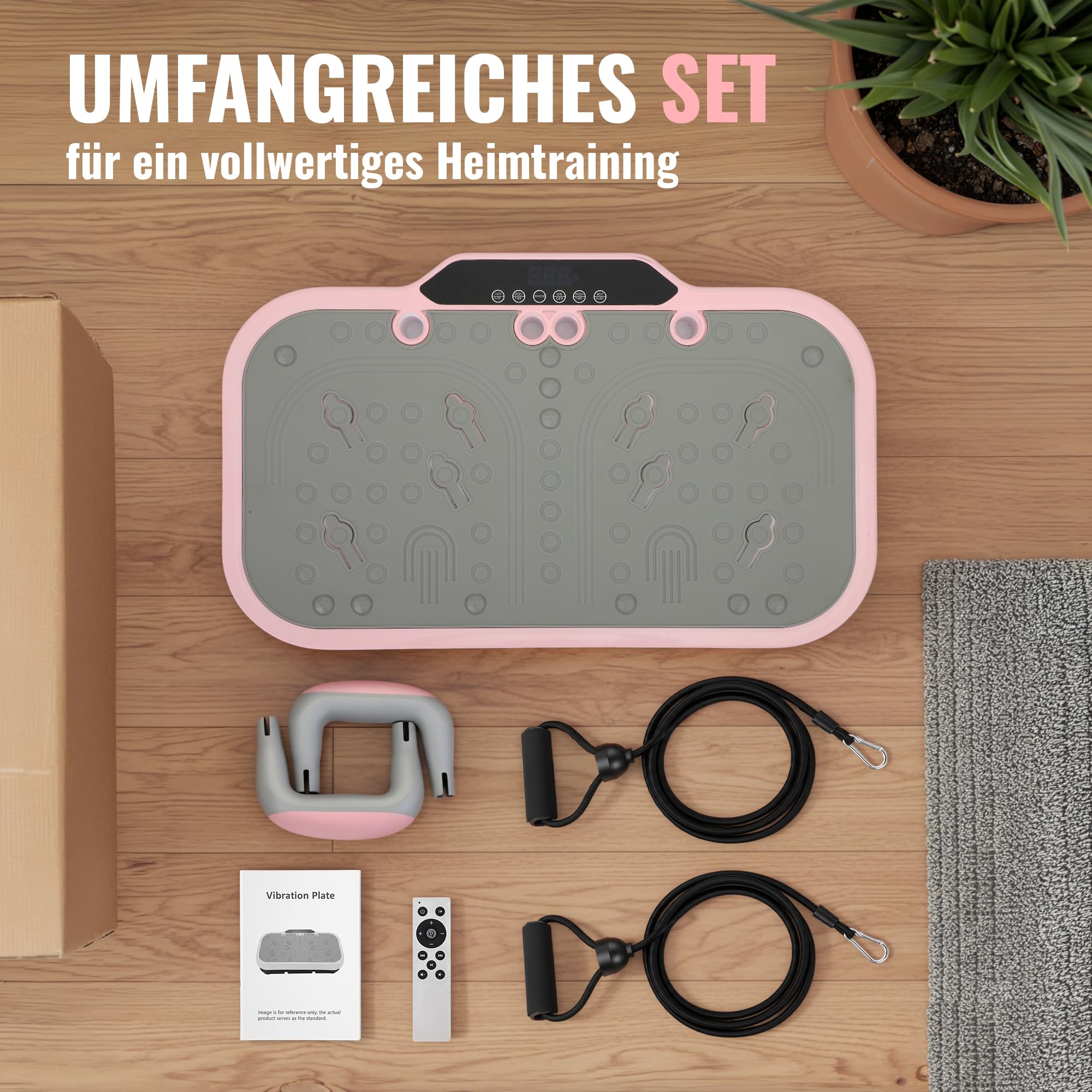 Vibrationsplatte für Körpertraining & Fußmassage mit Liegestützgriffen - Massagegerät mit 200 Stufen, Bluetooth & LED Display, Balance Board incl. Fernbedienung & Bändern für Fitness