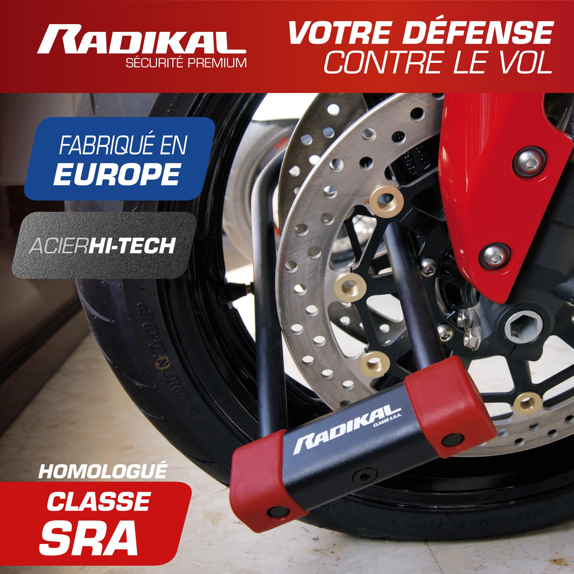 RADIKAL RK300R Antivol Moto et Vélo Premium Homologué SRA, U Ø18mm en Acier Cémenté, Blocage Haute Sécurité, Double Verrouillage, Revêtement Protecteur, Antivol Vélo Électrique Scooter, 85x300mm