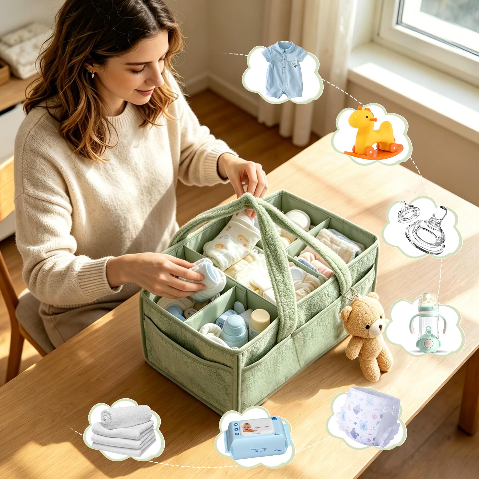 Organizador Pañales, Portátil Organizador Cambiador Bebe con Compartimentos y Asas, Plegable Cesta de Almacenamiento Bebés para Viajes, Cesta de Pañales para Toallitas, Verde