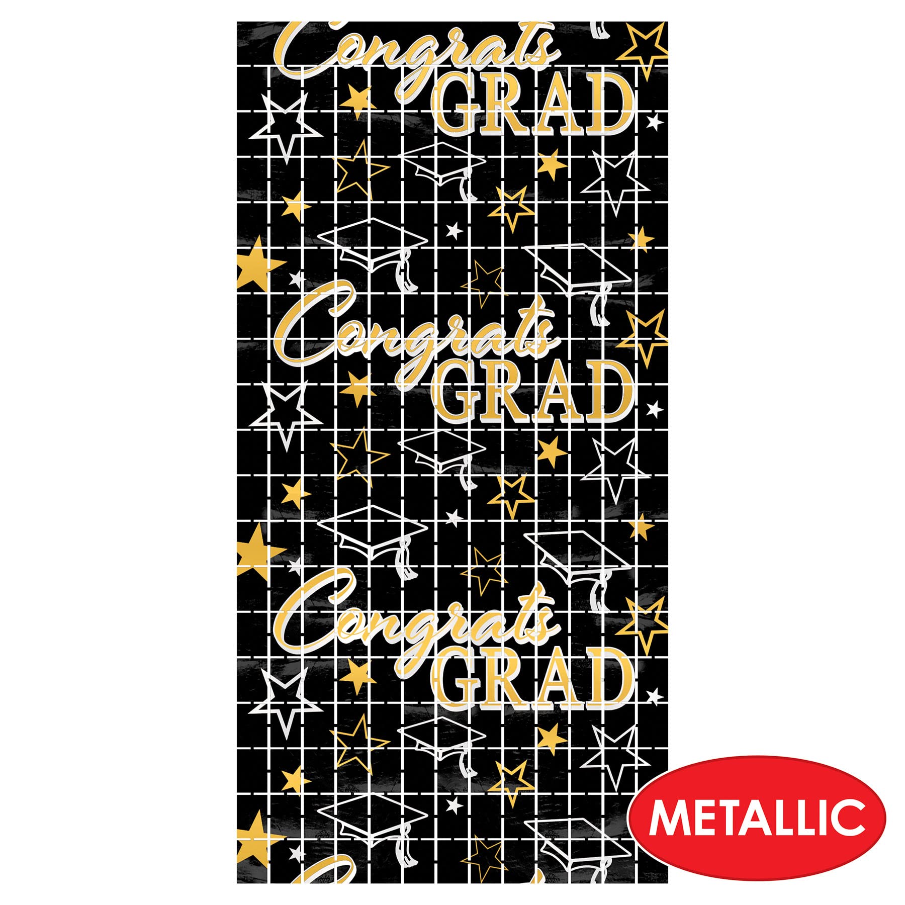 Beistle 56029 Felicidades Grad - Cortina de plástico metálico con Flecos Cuadrados para decoración de Fiesta de graduación, Negro/Dorado/Plateado