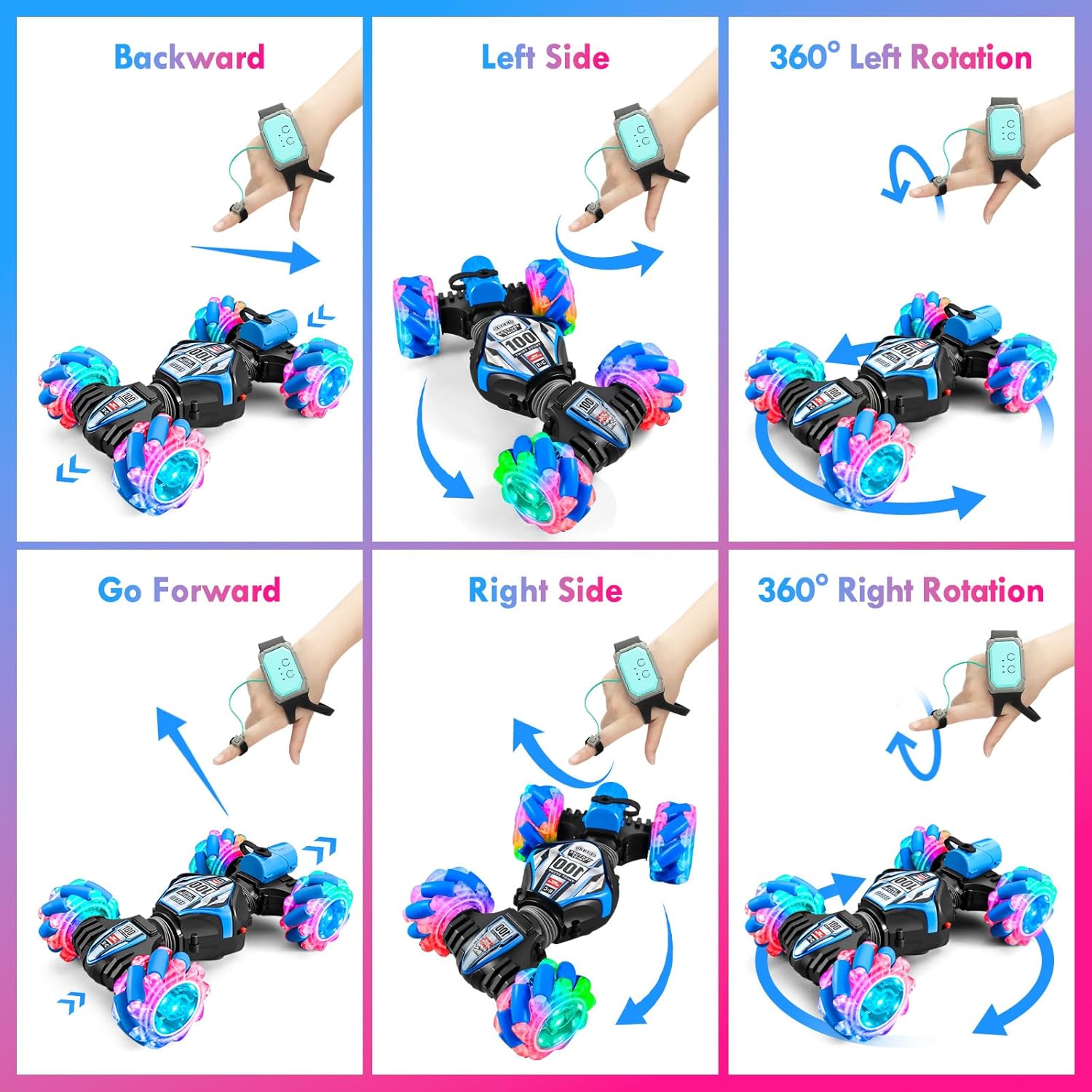 4WD Remote Gesture Sensor Car,Gesture Sensing RC Stunt Car,Remote Carwith Spray Effect LED Lights,All Terrain Off Road RC,2.4Ghz Hand,Birthday Kids Xmas Gifts