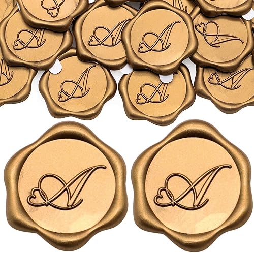 Miniatura 1 de SWANGSA Paquete de 50 calcomanías de sello de cera con letra A, diseño de corazón dorado antiguo, calcomanías de cera con inicial, invitación de