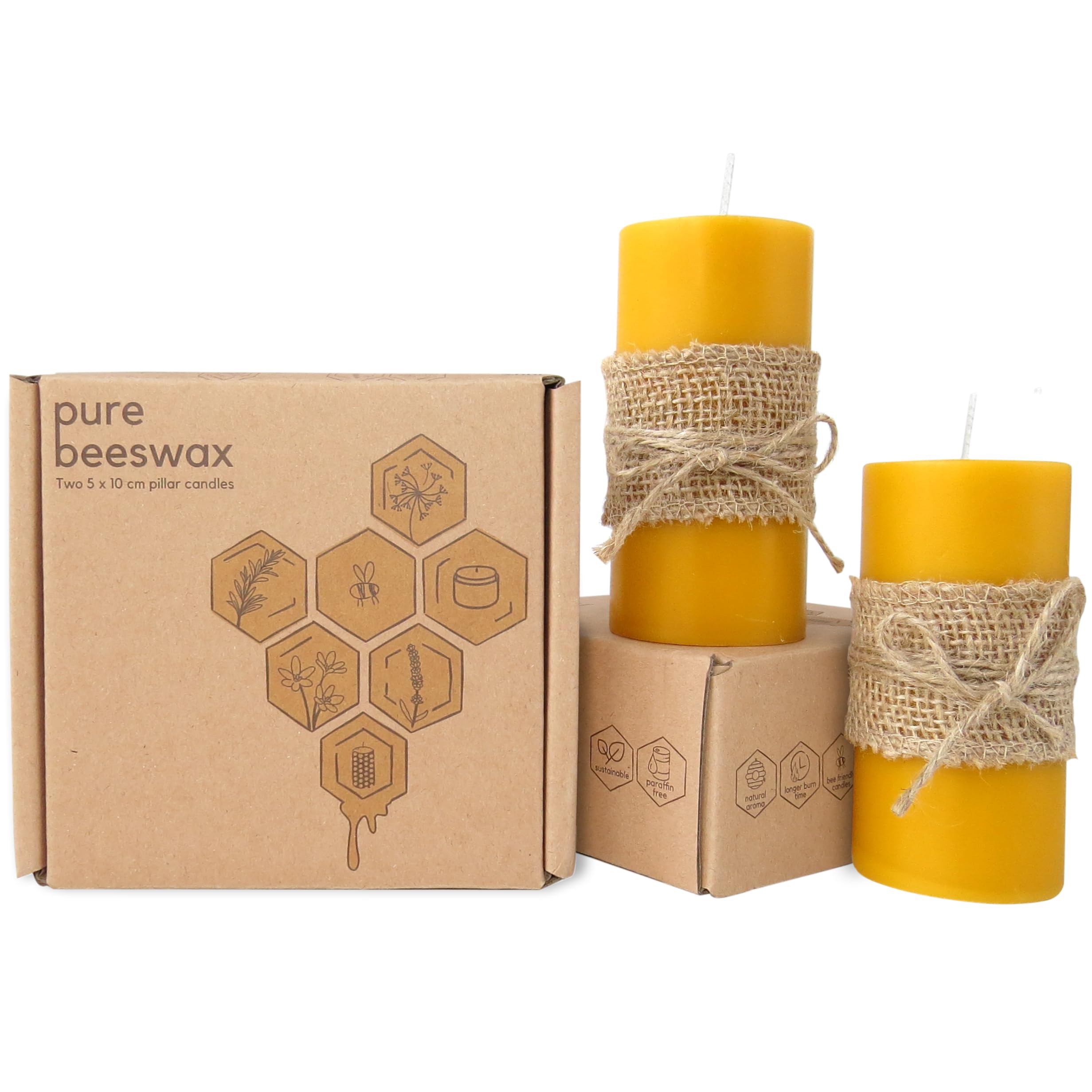 Treehouseco Set of 2 Natural Beeswax Candles Long Burning Pillar Candles (2" × 4"), Approx. 70h Long Burn Time - Non-Toxic, Eco-Friendly & Smokeless, Made with 100% Pure Beeswax, Paraffin Free