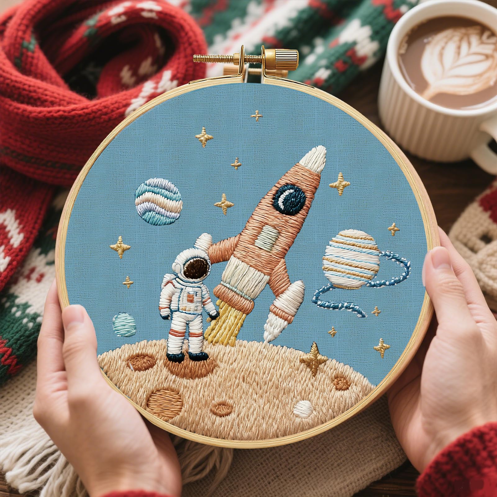 FREEBLOSS 4 Stickset Für Anfänger Und Erwachsene Mit Astronautenmotiv Inklusive Anleitung 11.6"/29.5cm Sticknadeln Zubehör Und Stickmaterialien. 4 Reifen