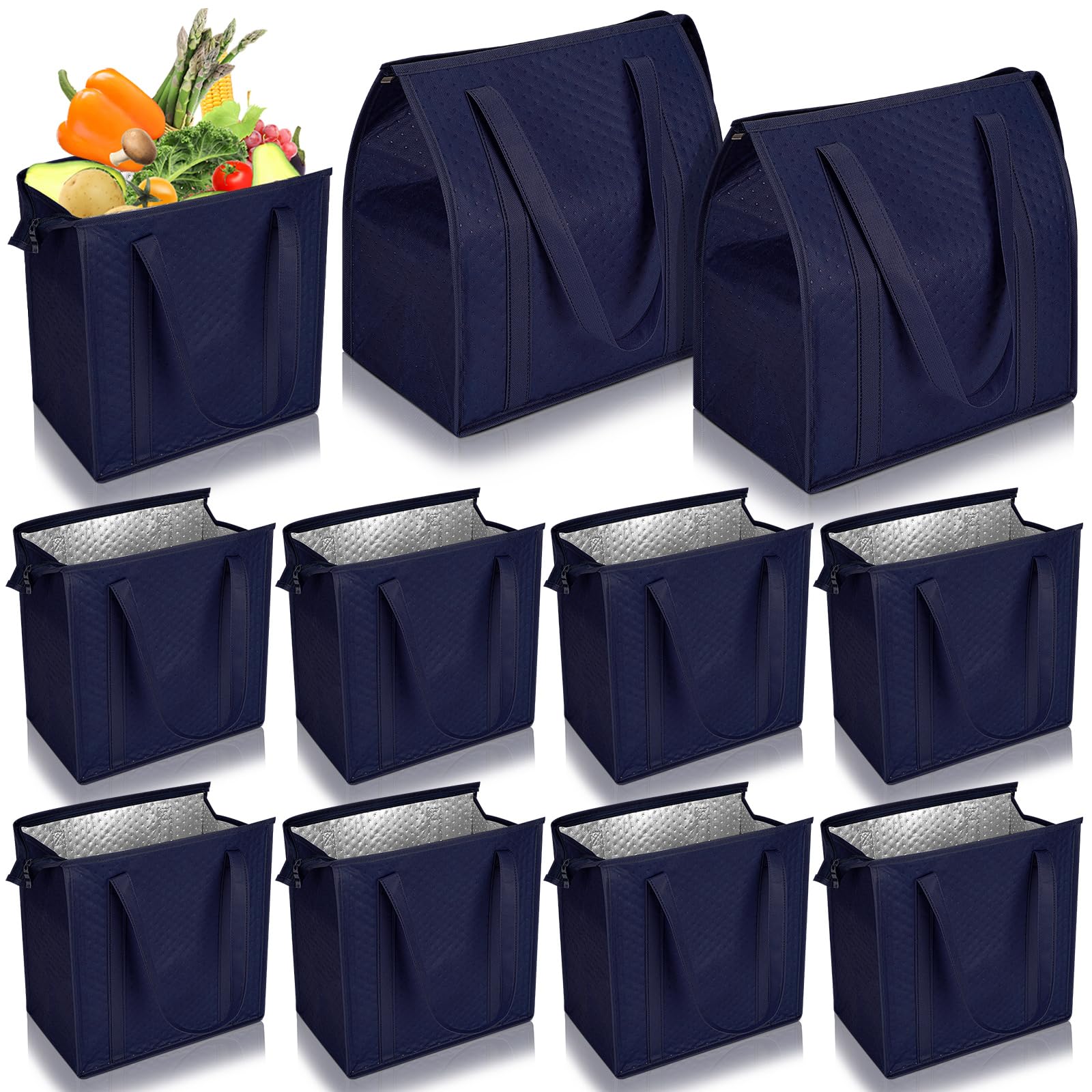 Locmeo 10 Pack Large Insulated Grocery Bags Reusable Shopping Bags with Zippered Top 13 x 12 x 7 Inch Thermal Cooler Totes Bulk with Handles for Hot