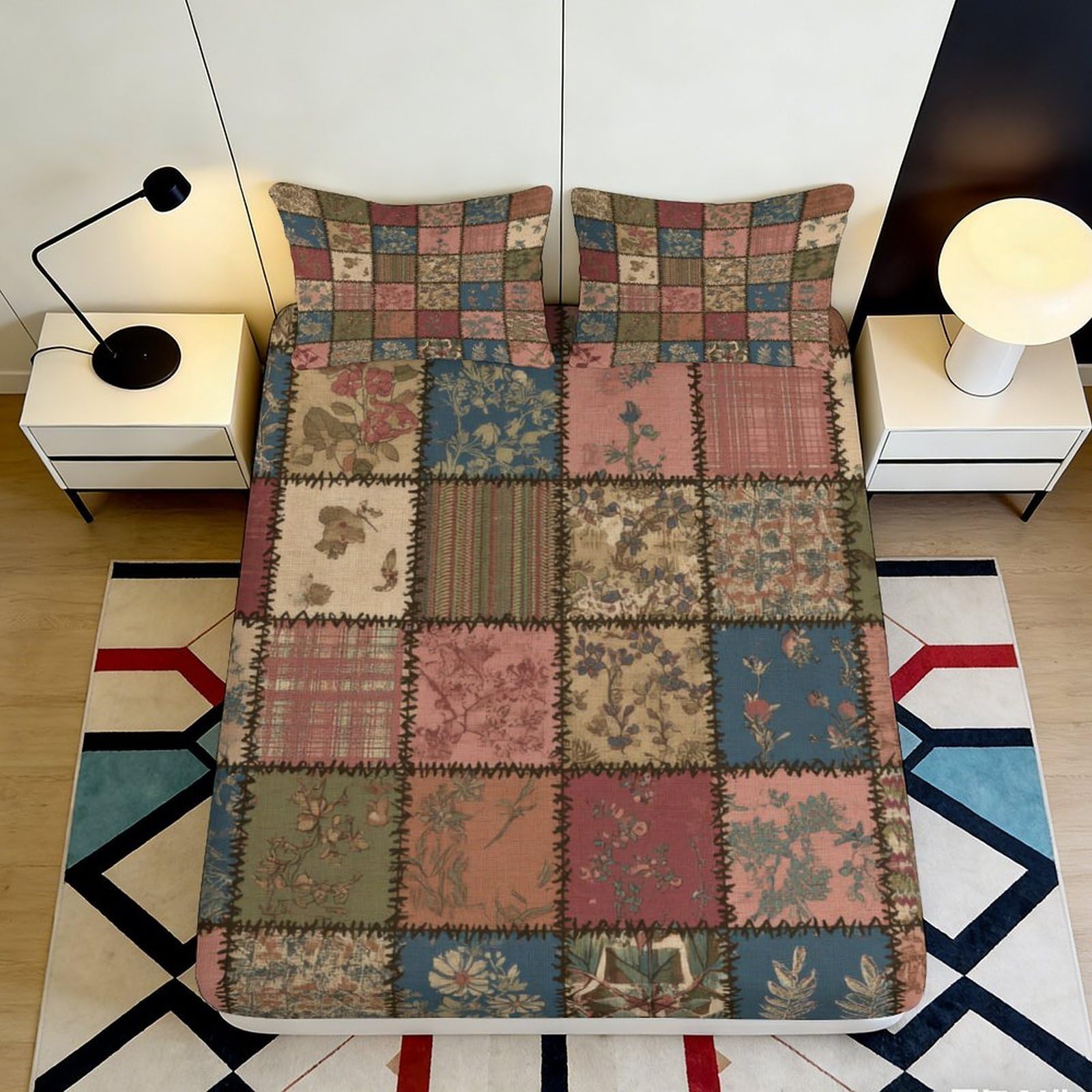 3D Printed Vintage Patchwork Fitted Sheet Microfiber Soft Durable Floral Bed Cover for Bedroom Dormitory Guest Room Mattress Protection 120x200x25cm