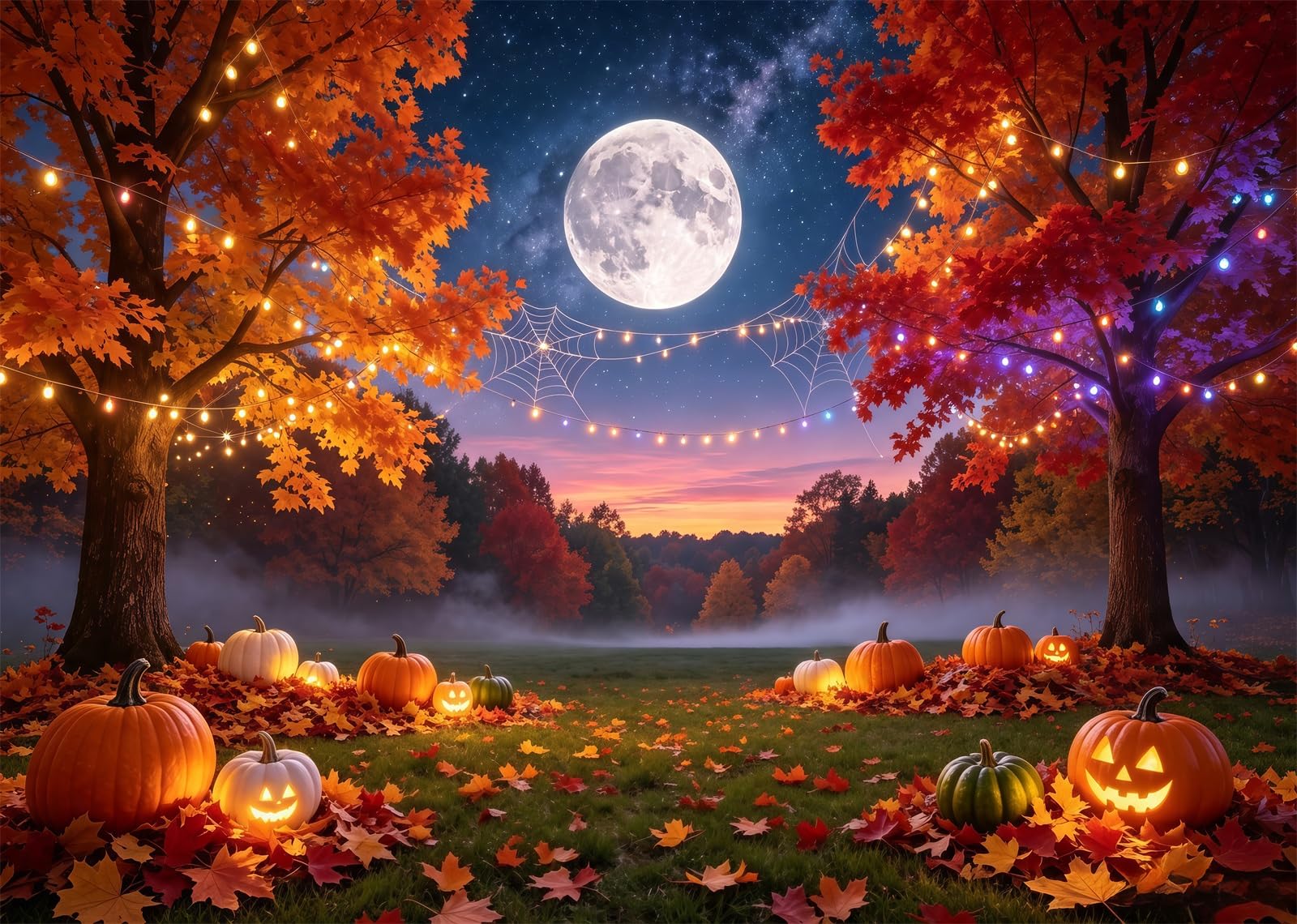 12x8FT (3.6x2.5m) Parco Autunnale Al Chiar Di Luna Sfondo Fotografico | Vista Halloween Tra Due Alberi Fondale In Tessuto,Luna Piena Lampadine,Per Feste Halloween E Foto In Costume,Photo Booth