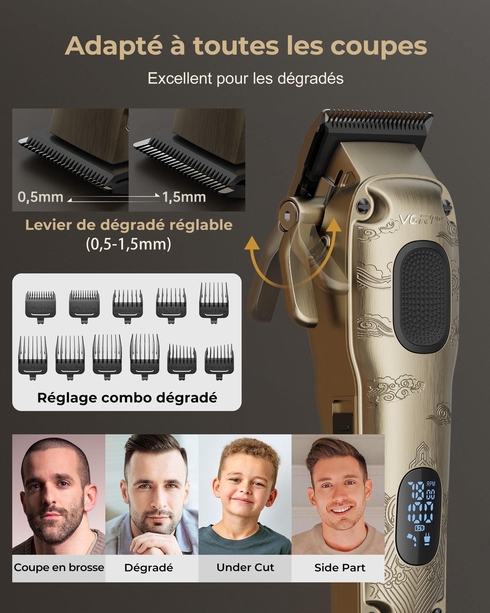 VGRPRO Tondeuse Cheveux Hommes Professionnelle, Tondeuse Cheveux Sans Fil pour Coupe de Cheveux, Kit Tondeuse et T-lames Trimmer Homme, Tondeuse Électrique pour Homme avec Boîte d'Emballage(Gloden)