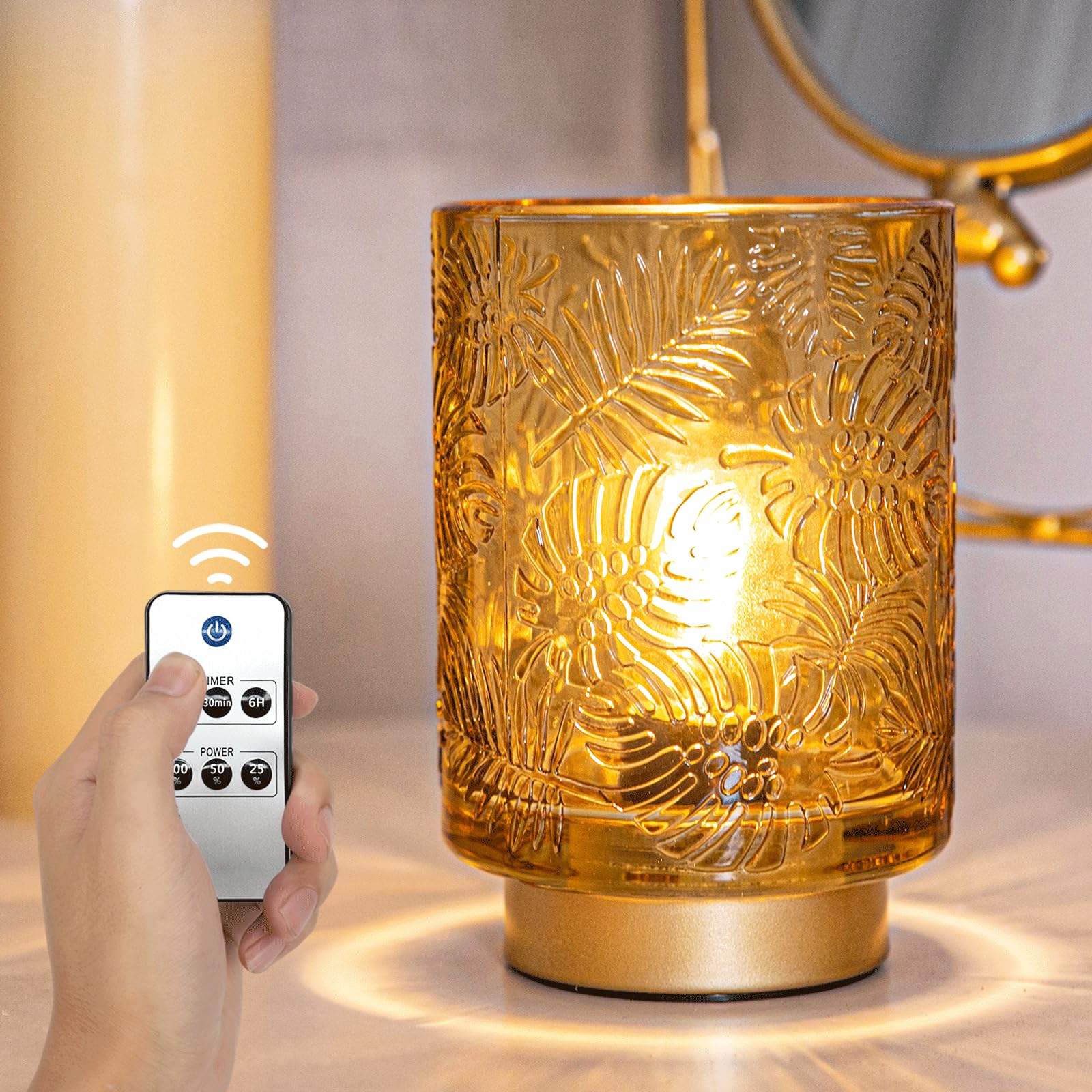 Battery Operated Small Table Lamps with Remote Control, Dimmable Brightness Lamp with Timer, Glass Battery Powered Lamp for Bedroom Living Room Home Decor Golden Amber